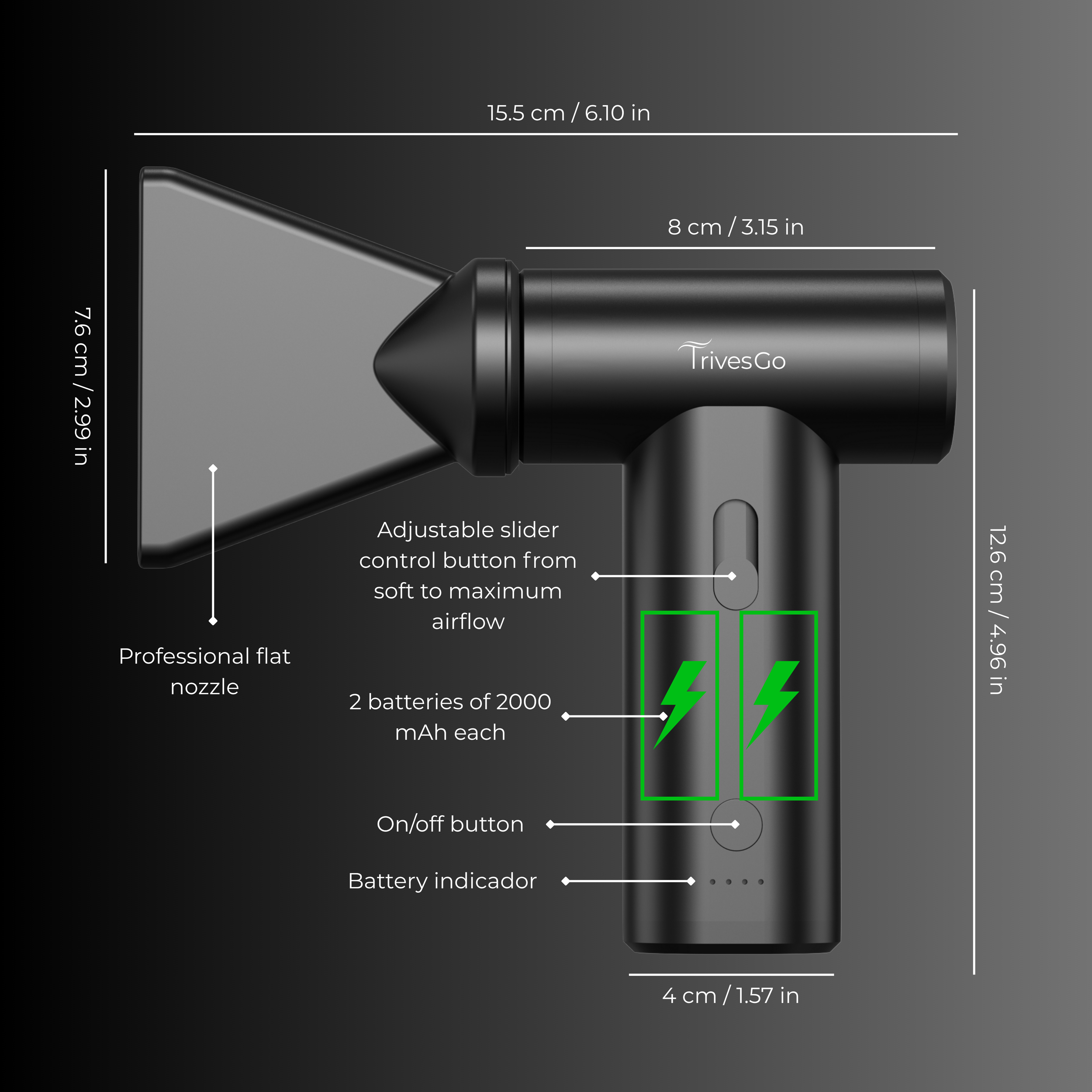 Diagrama de un masajeador de mano con dimensiones en centímetros y pulgadas, mostrando componentes como boquilla plana profesional, control de flujo ajustable, baterías de 2000 mAh, botón de encendido y luz indicadora de batería.