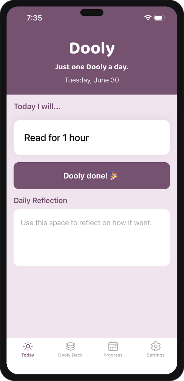 Mobile app screen displaying a schedule with the title 'Dooly', date June 30, and a task to read for 1 hour. There is a 'Dooly done!' button with a party popper emoji, and a section for daily reflection. Navigation icons at the bottom labeled Today, Dooly Deck, Progress, and Settings.