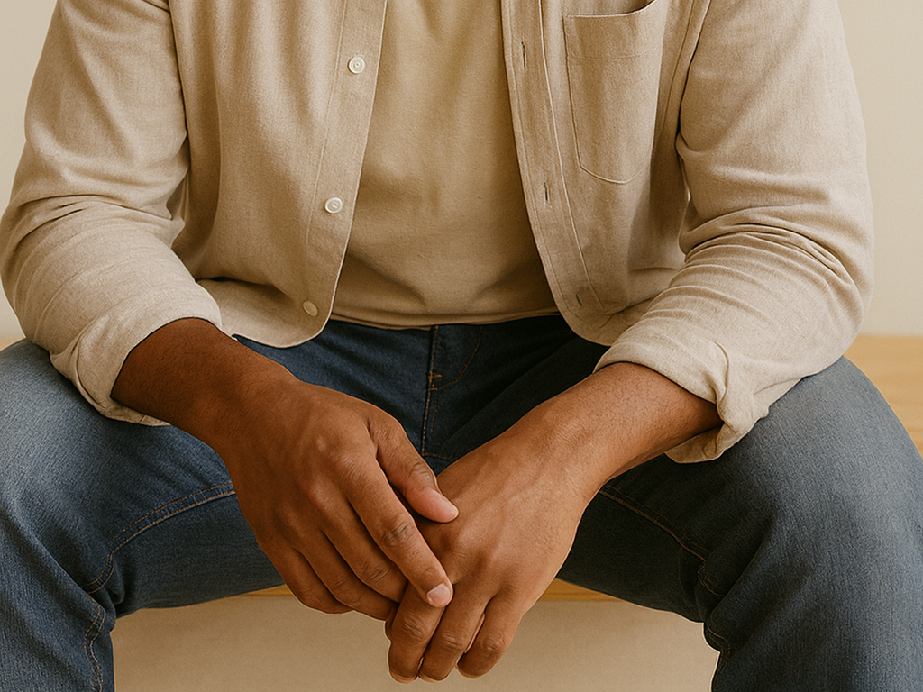 A person sitting on a wooden bench, wearing a beige button-up shirt with rolled-up sleeves and blue jeans, with hands clasped in front.