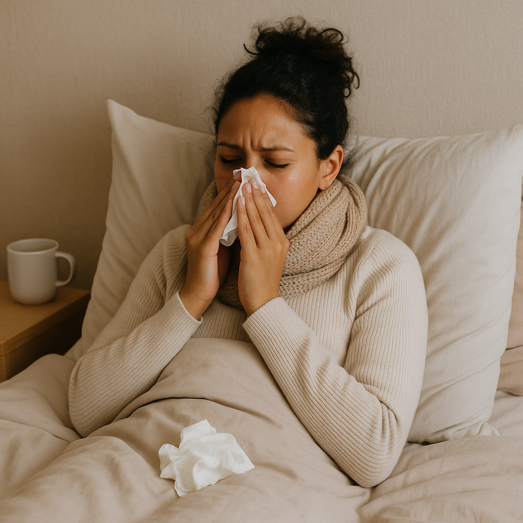 A woman sitting in bed, holding a tissue to her nose, appearing sick or unwell.