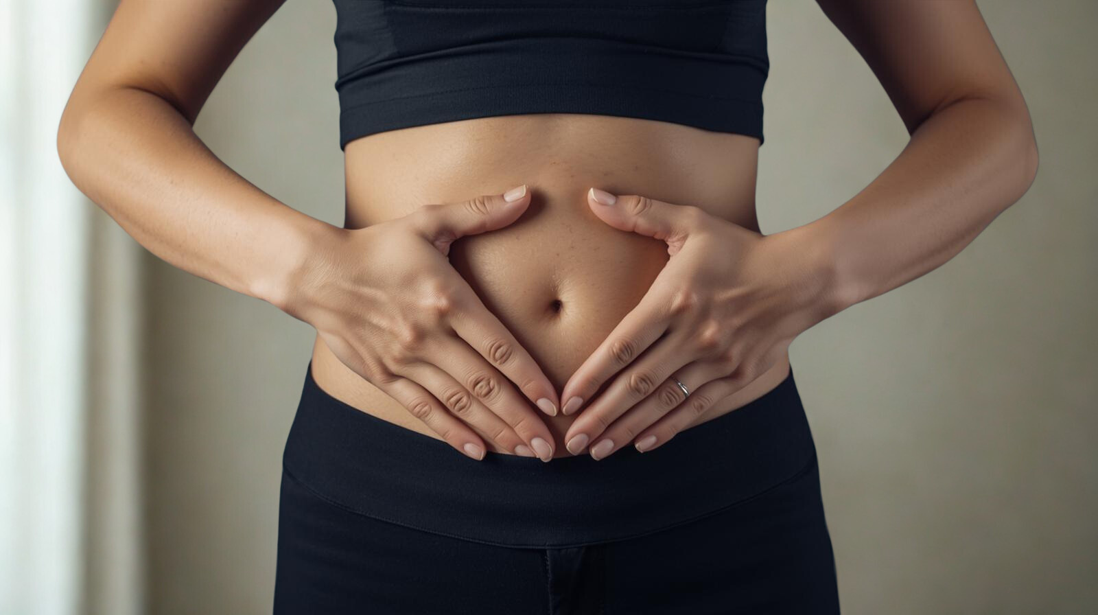 Person forming a diamond shape with hands on stomach, wearing a black sports bra and black leggings.