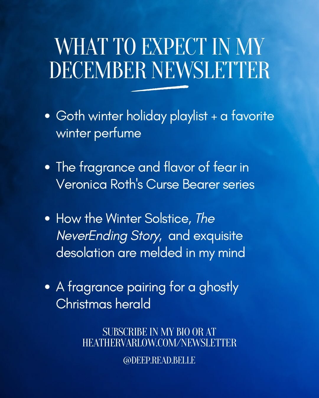 I&rsquo;m not sure where November went, but December somehow draweth nigh and that means my newsletter drops next week. What is time???

What to expect:

- Goth winter holiday playlist + a favorite winter perfume

- The fragrance and flavor of fear i