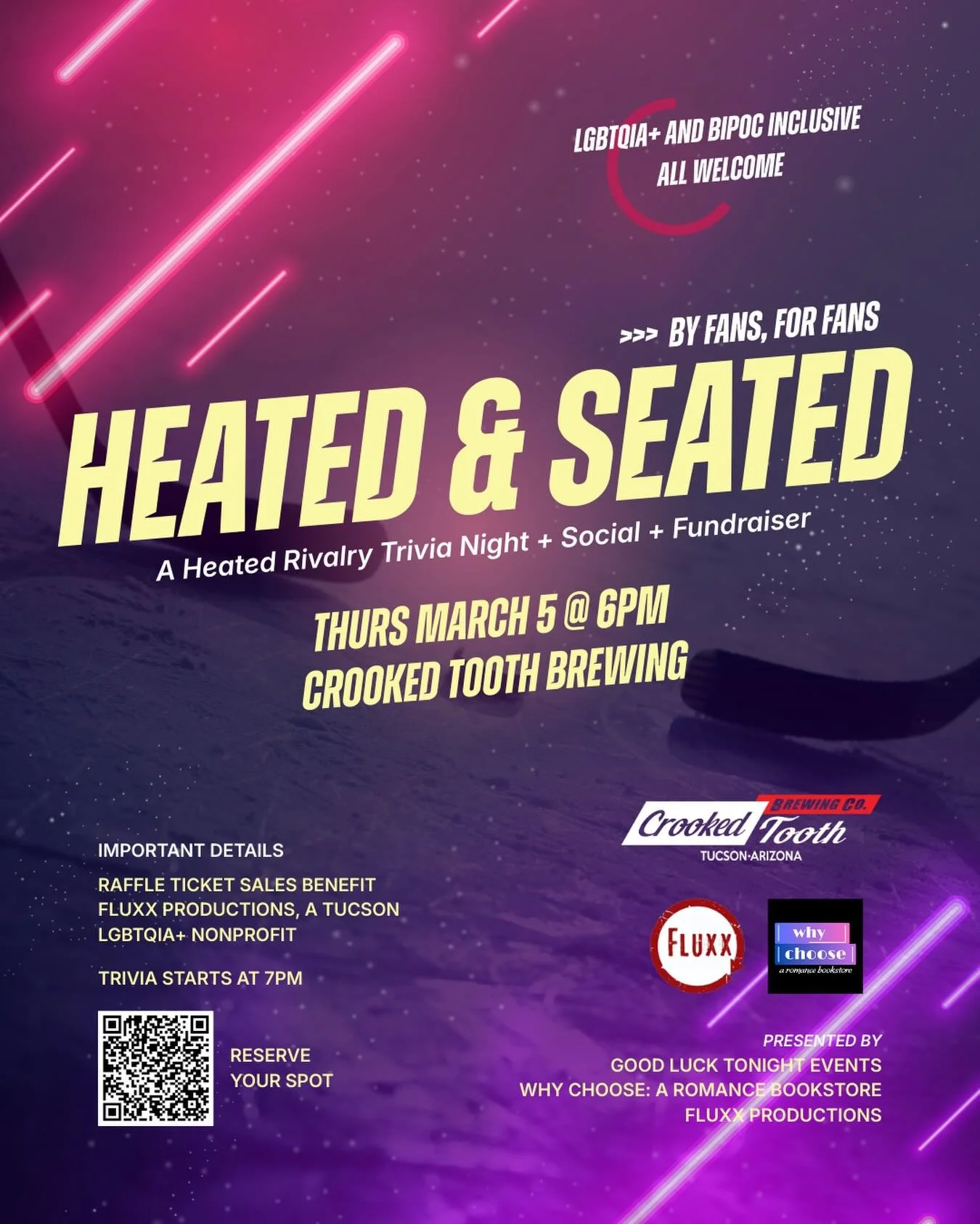 TUCSON, save the date: HEATED &amp; SEATED, A Heated Rivalry Trivia Night + Social + Fundraiser, is happening THURSDAY, MARCH 5, 6PM at Crooked Tooth Brewing. 

Wolf Birds, this is our time! Come with a team or find one at our pre-trivia Social Hour,
