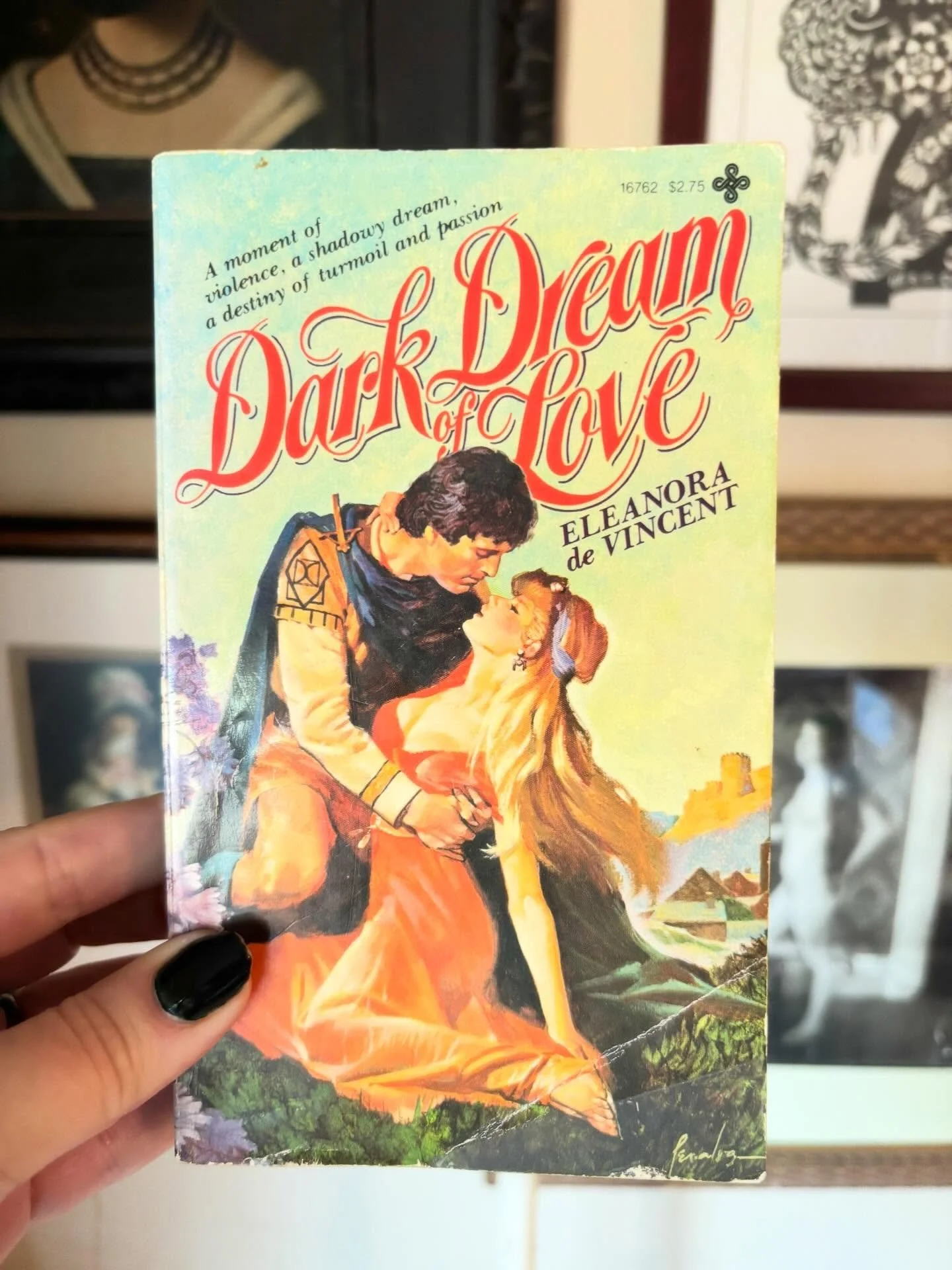 A few weeks ago, @kenyonbinding and I drove up to Mesa for a used bookstore crawl and I came home with a small treasure trove. This book, Dark Dream of Love by Eleanora de Vincent, was a Mr. Varlow find, because he has excellent instincts and noted t
