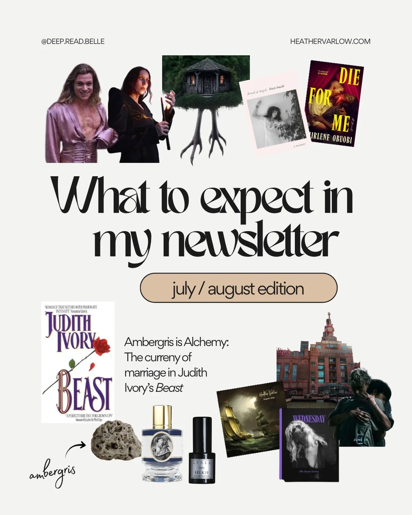 What to expect in my egregiously long newsletter, going out next week: Ambergris as the currency of marriage in Judith Ivory&rsquo;s Beast; my favorite ambergris perfumes; why I love Baltimore, and Gilded Age Baltimore in particular; what&rsquo;s bee
