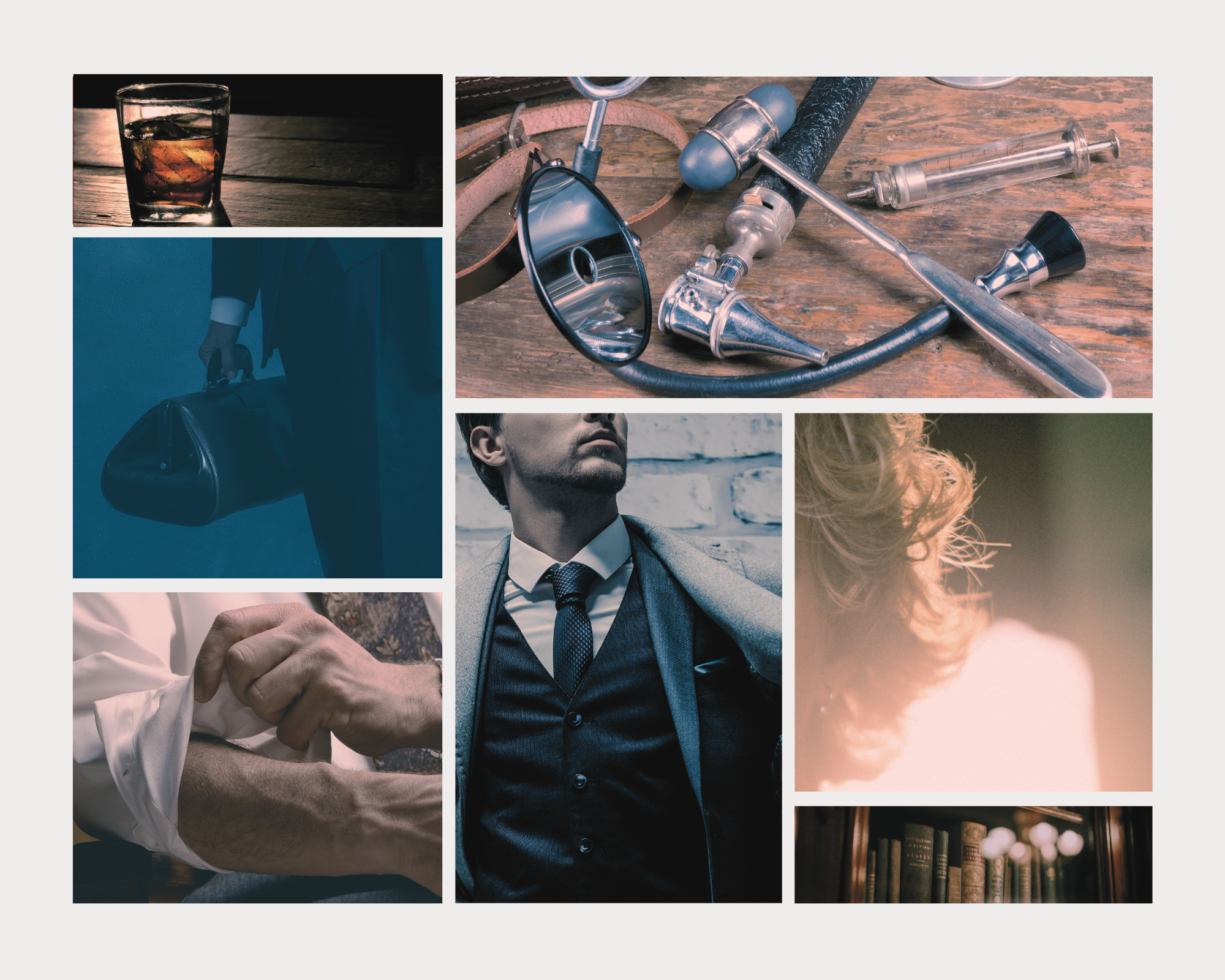 A collage of various images including a glass of whiskey, medical tools and supplies, a person in a suit carrying a black bag, a close-up of a handshake, a man in a suit with a coat, a woman with curly hair, and a bookshelf.