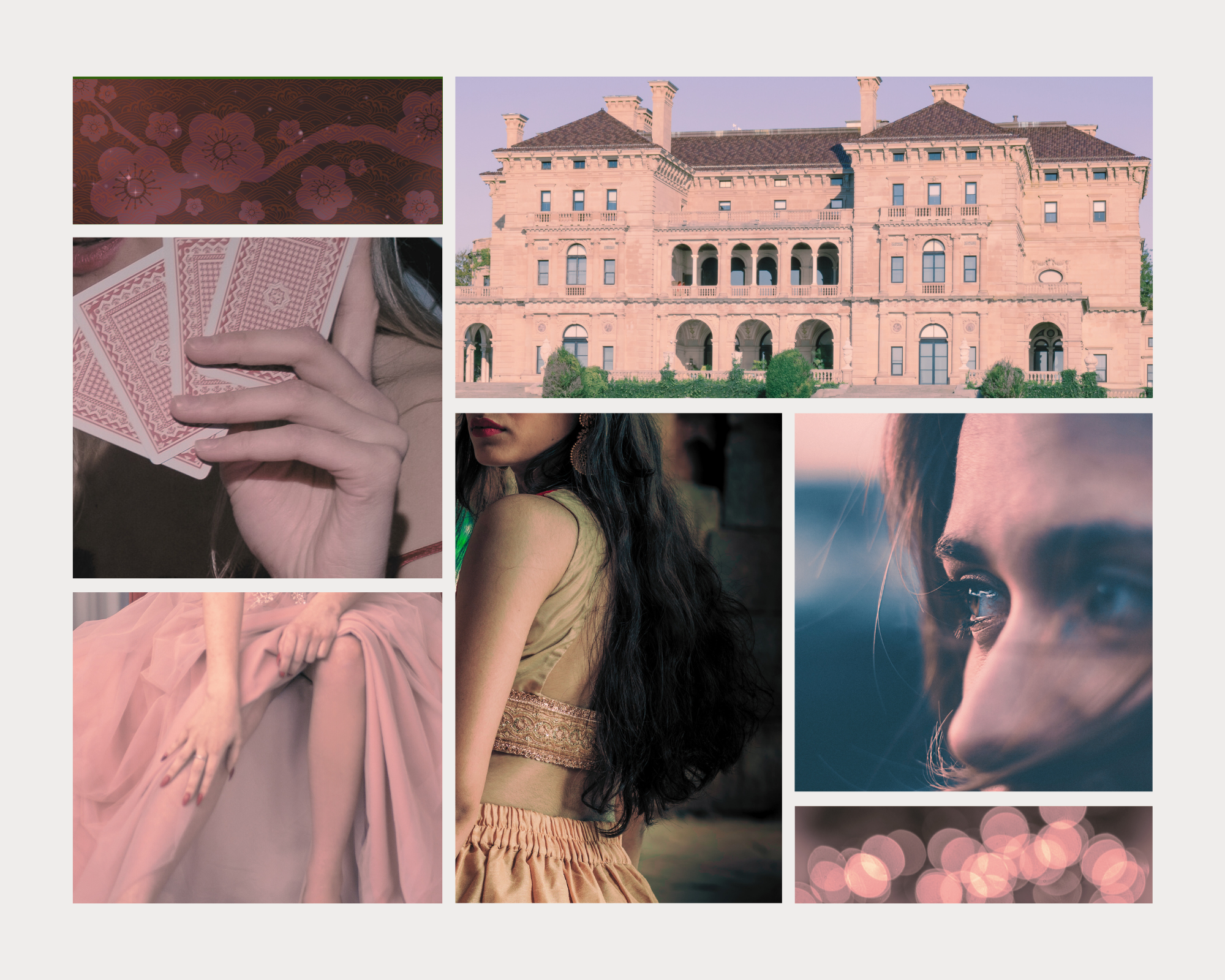 Collage of various images including a large pink mansion, a woman with long dark hair wearing traditional attire, a close-up of a woman holding pink playing cards, another woman with long hair and makeup, a woman in a pink dress, a woman with short hair with soft lighting, and abstract pink bokeh lights.