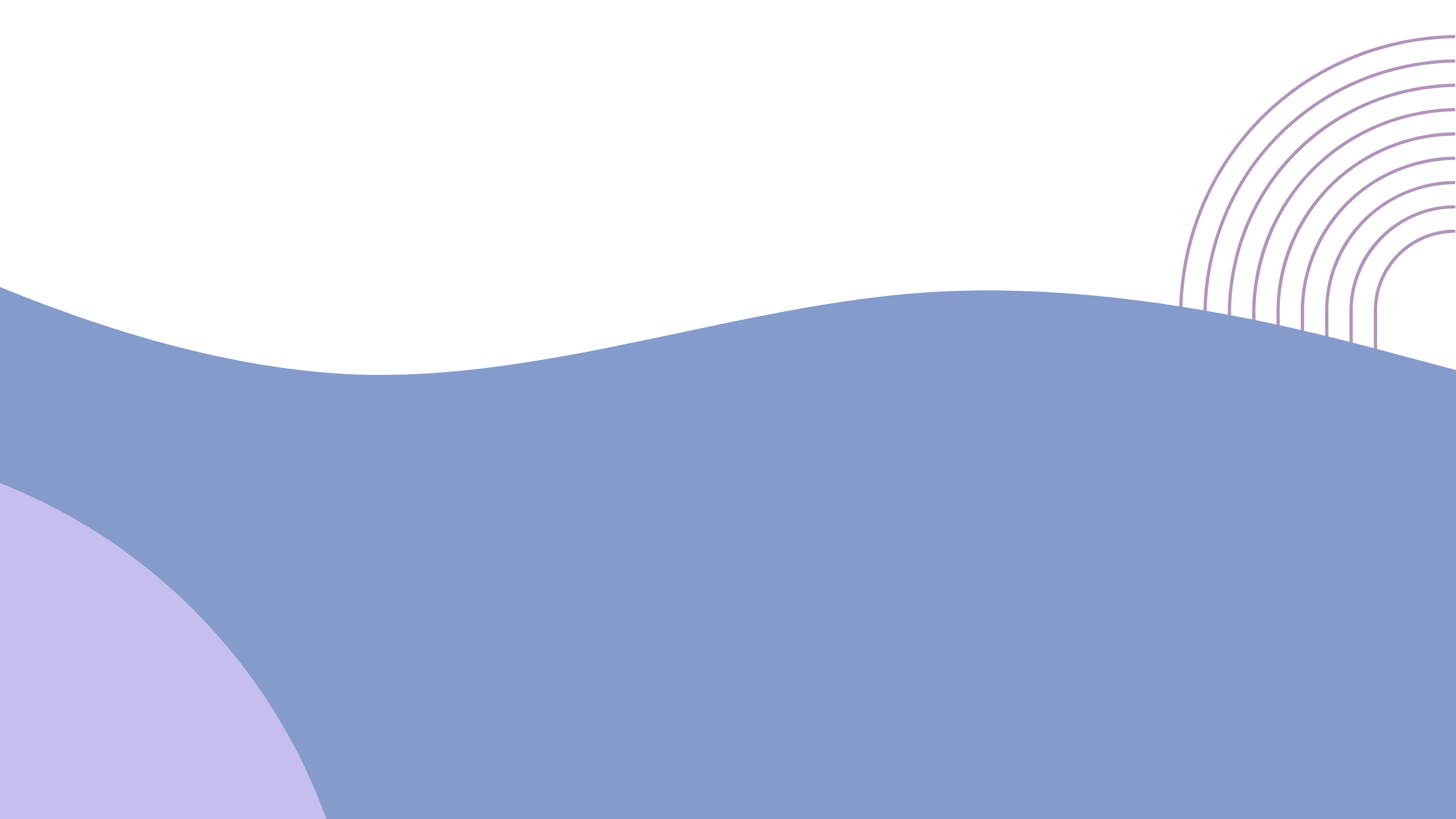 Abstract background with curved shapes in shades of blue, purple, and white, and concentric circles in the upper right corner.