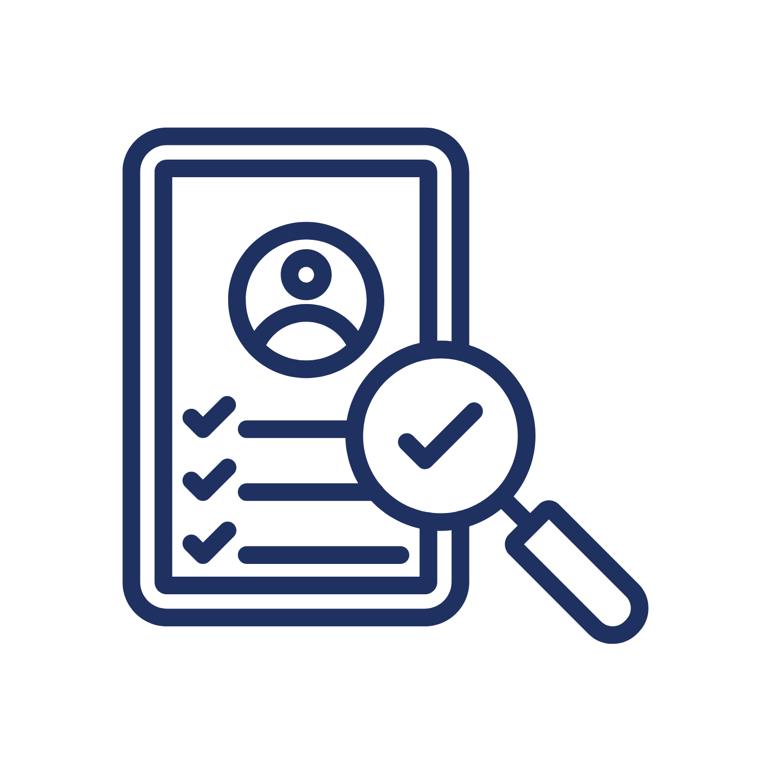 Mobile phone screen showing a profile picture, checklist, and a magnifying glass with a checkmark, symbolizing profile review.