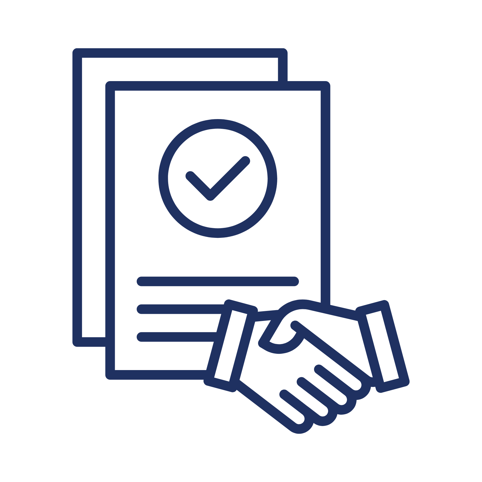 Icon of a handshake in front of documents with a checkmark, representing agreement or approval.