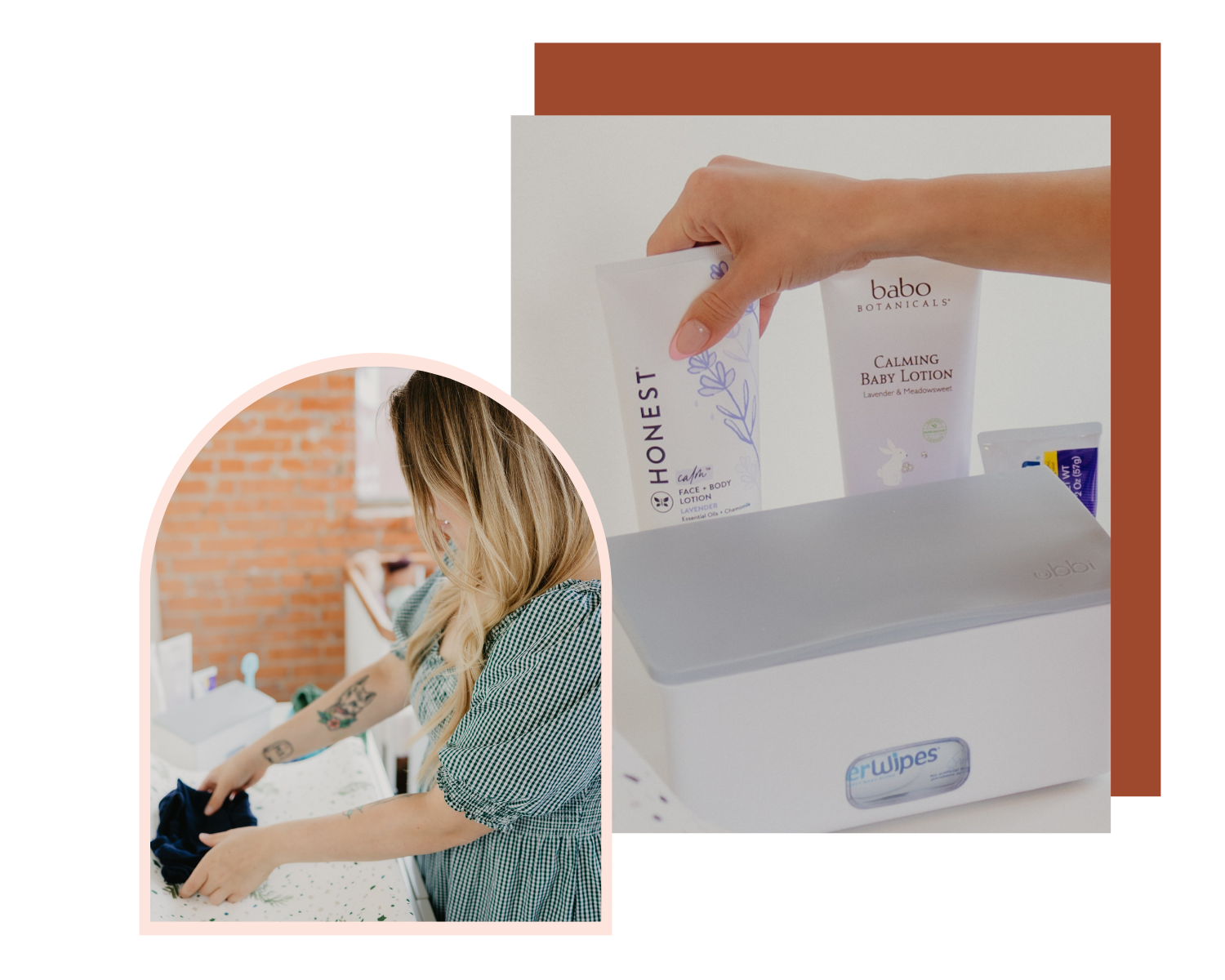 A woman folding laundry with a brick wall in the background and a close-up of baby lotion, wipes, and other skincare products on a table.