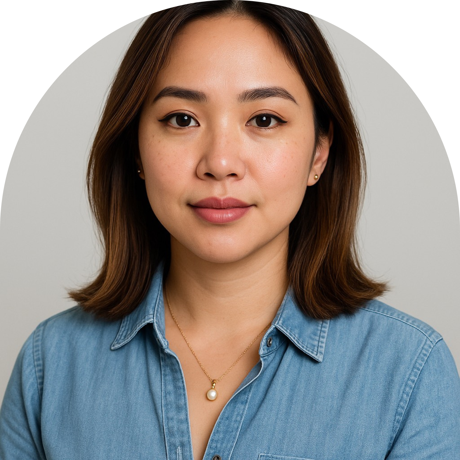 Portrait of a young woman with shoulder-length brown hair, wearing a denim shirt and jewelry, looking at the camera.