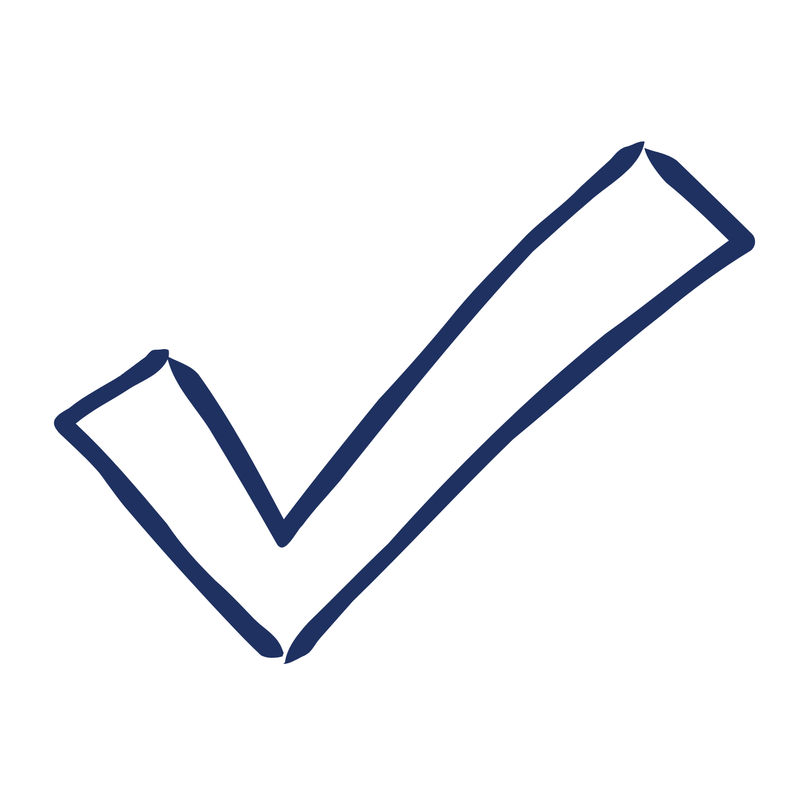 A dark blue outline of a checkmark inside a box, tilted at an angle.
