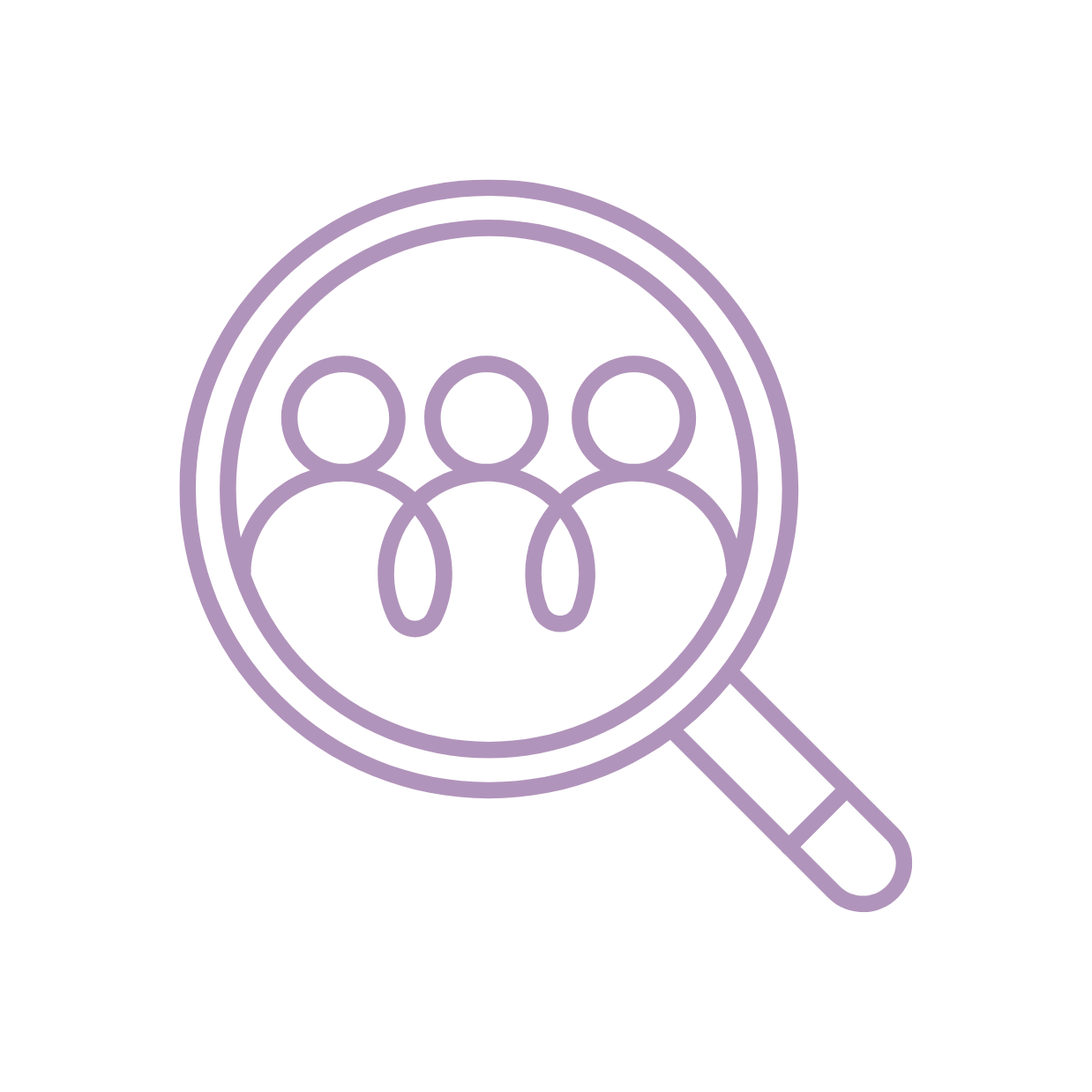 Outline of a magnifying glass with three human figures inside, symbolizing search or investigation among people.
