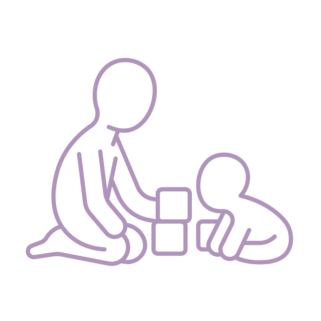 Outline drawing of two children playing with blocks, one kneeling and the other lying on the ground.