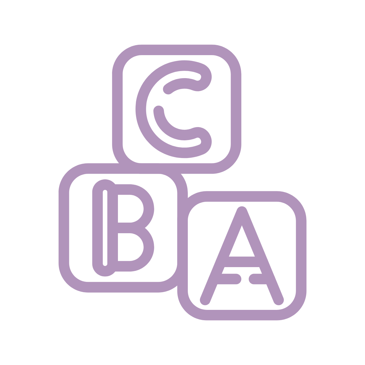 Illustration of three toy blocks with letters B, A, and C, drawn with purple outlines.