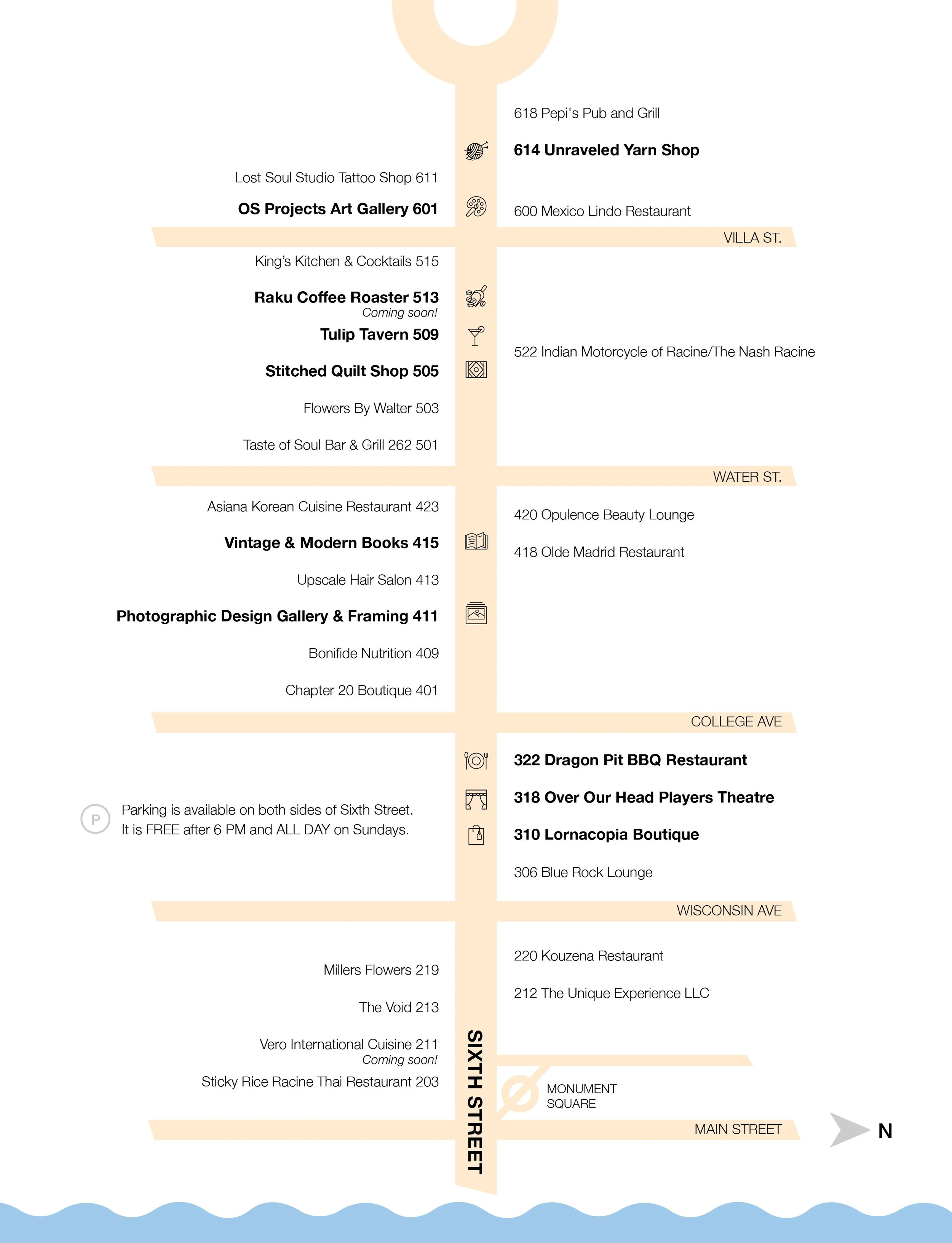 Map of downtown area with street names VILLA ST., WATER ST., COLLEGE AVE, WISCONSIN AVE, MAIN STREET, and SIXTH STREET. Locations include parks, restaurants, shops, galleries, and other points of interest labeled with their names and street addresses.