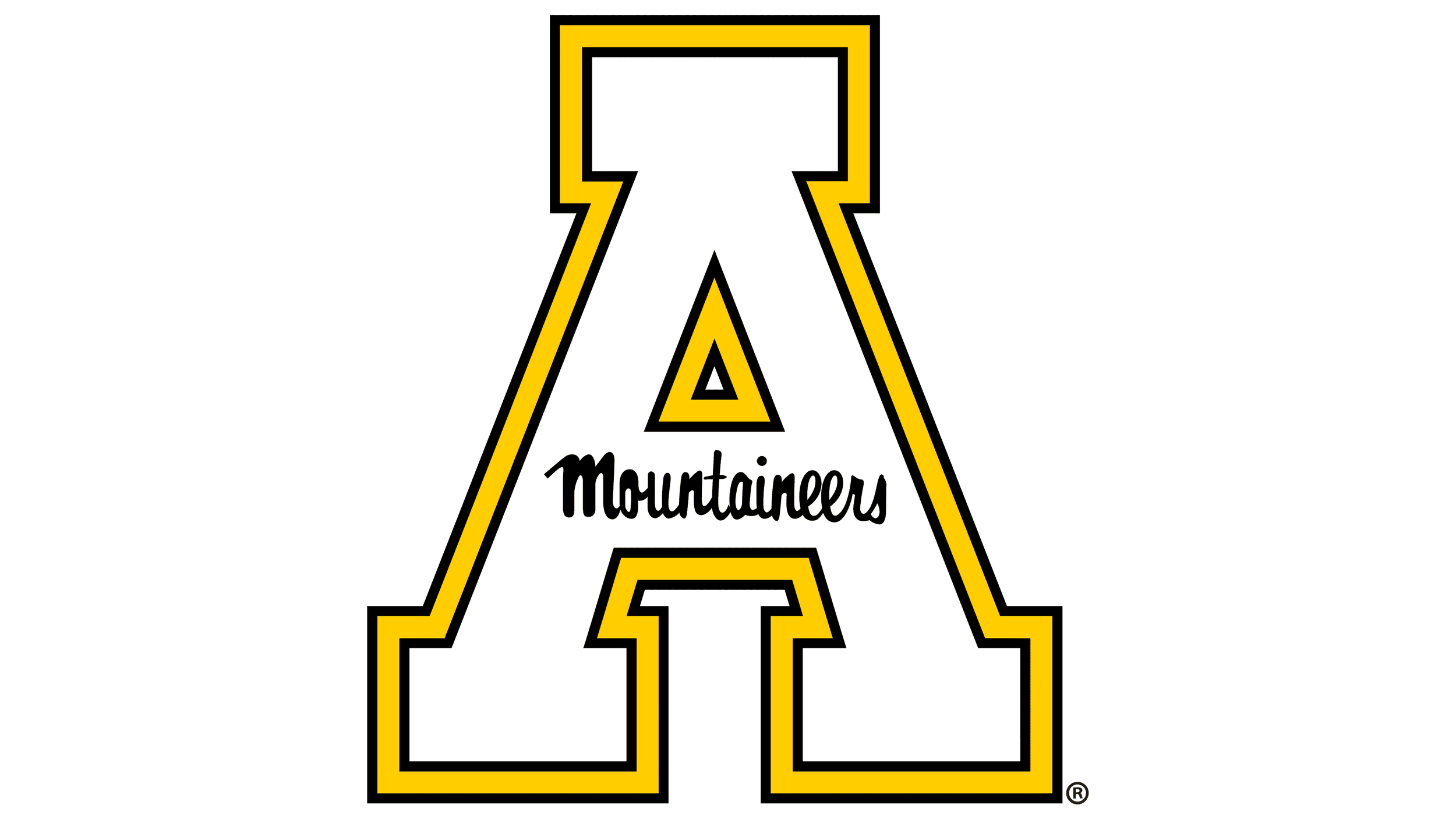 Large white letter 'A' with black and yellow outline, the word 'Mountaineers' written across the middle in black cursive font.