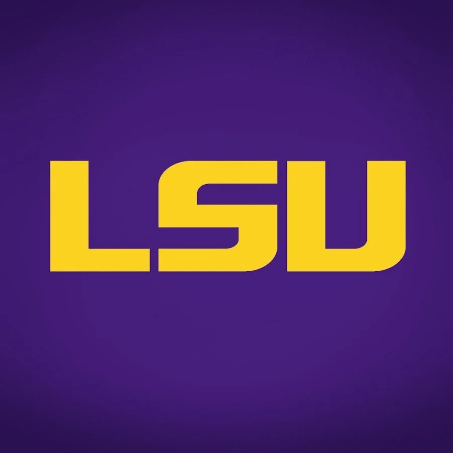 Yellow LSU logo on a purple background.