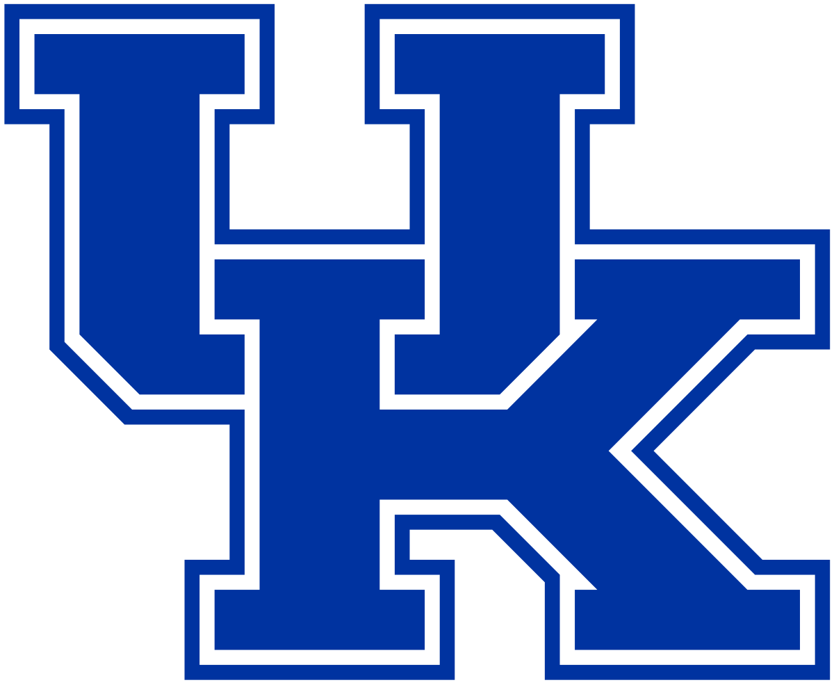 Blue and white varsity letter Omega symbol for University of Kentucky.