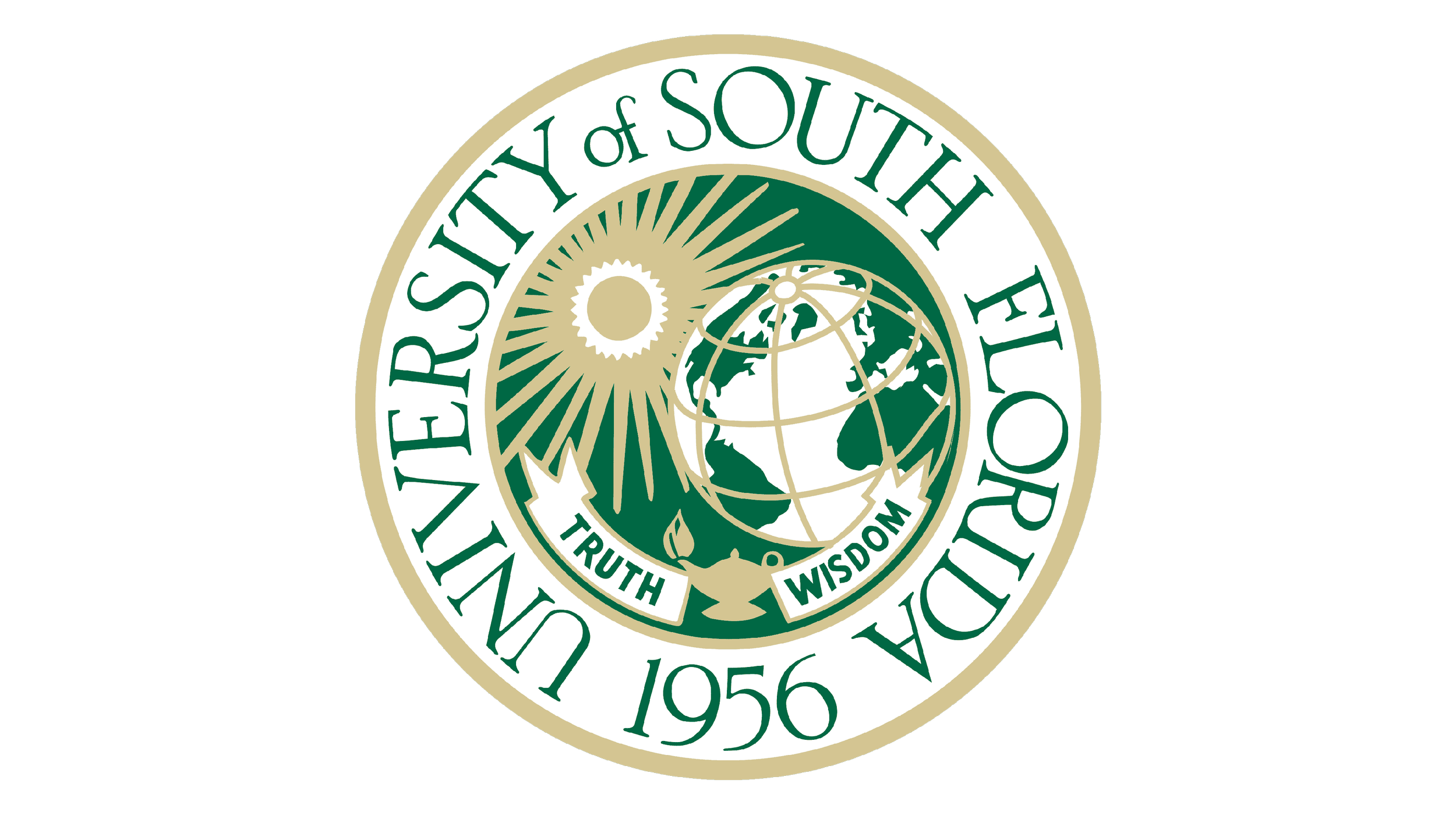 Seal of the University of South Florida with a globe, sun rays, and the words 'Truth' and 'Wisdom'.