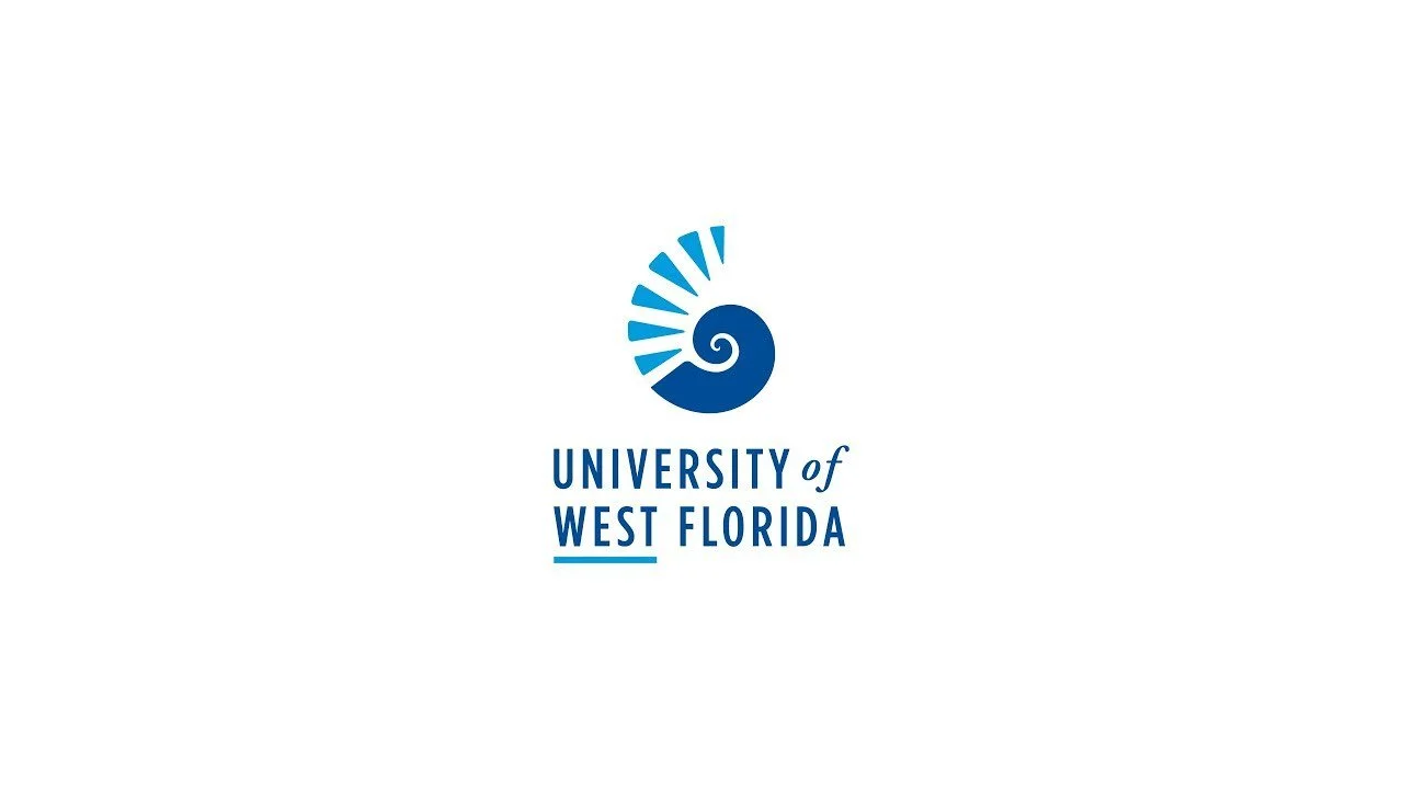 Logo of the University of West Florida featuring a stylized blue spiral and rays