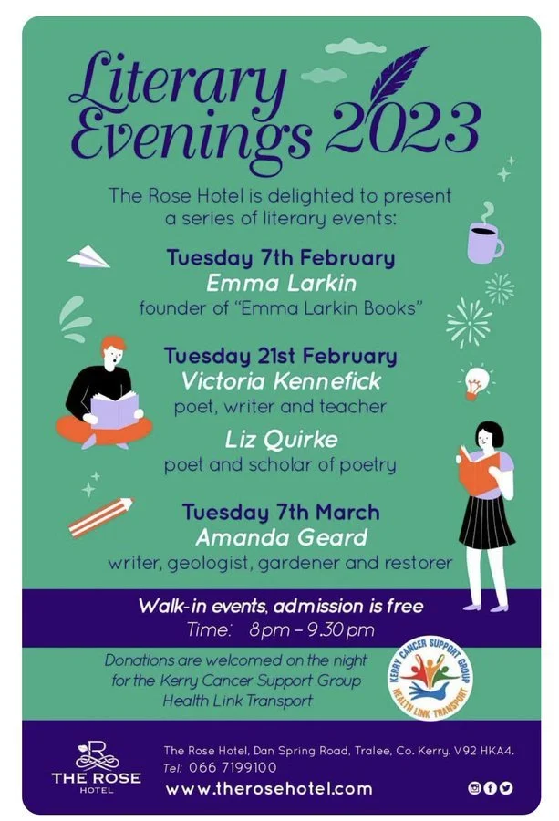 Flyer for Literary Evenings 2023 at The Rose Hotel featuring dates and speakers, with illustrations of a person reading and a woman holding a book, and a logo for Kerry Cancer Support Group.