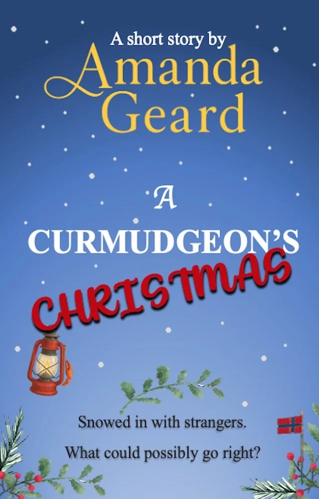 Book cover of 'A Curmudgeon's Christmas' by Amanda Geard, featuring a snowy night sky with snowflakes, a lantern, pine branches, red berries, and a Norwegian flag.