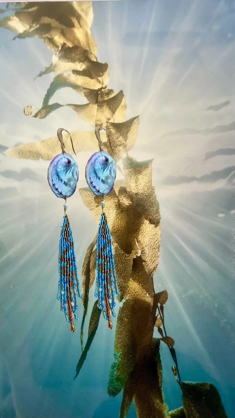 Bull Kelp & Ocean Abalone Shell Beaded earrings