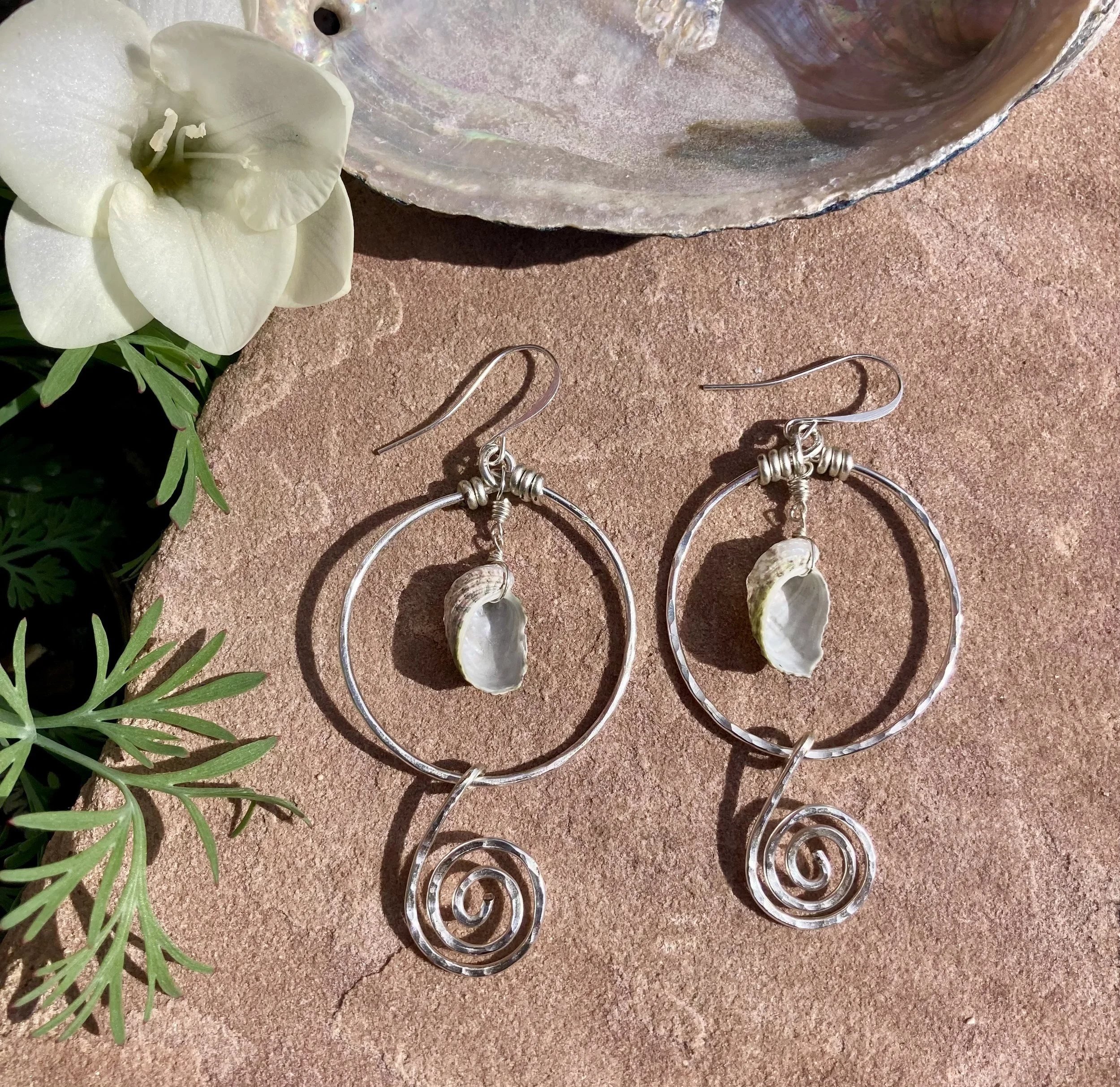 Silver Spiral hoops with baby Mother of pearl shells from Indonesia