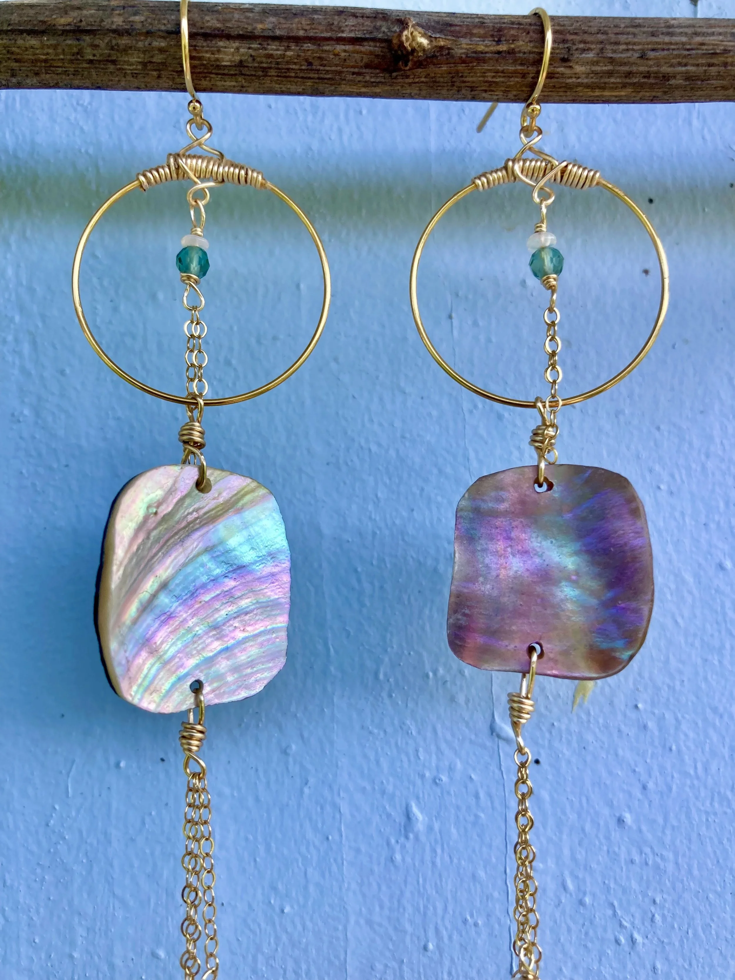 Unique dangles with Abalone shards & hand wrapped crystals