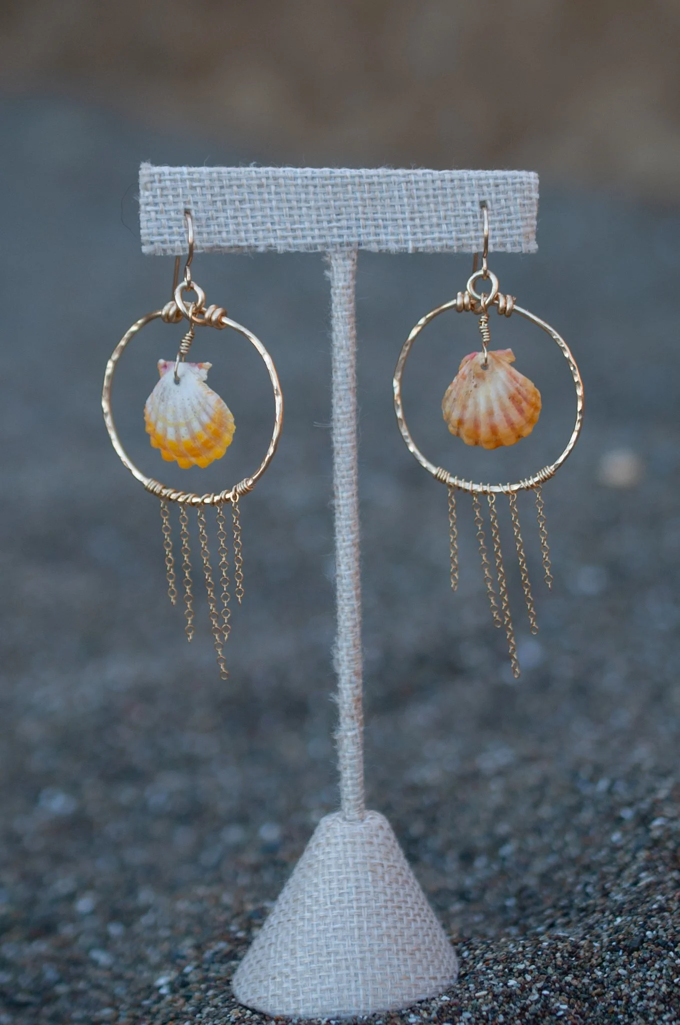 Sunrise Shell Hoops w/ Gold Fringe