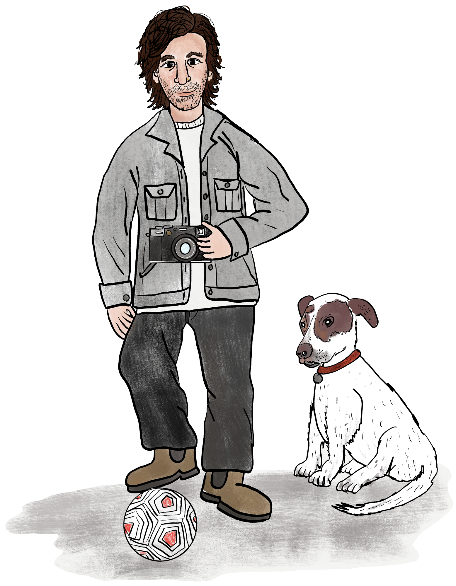 A man with brown hair, stubble, and light skin wearing a gray jacket, white shirt, and dark pants holding a camera, standing next to a large white dog with brown markings, seated on the floor, behind a soccer ball with a black, white, and red geometric pattern.