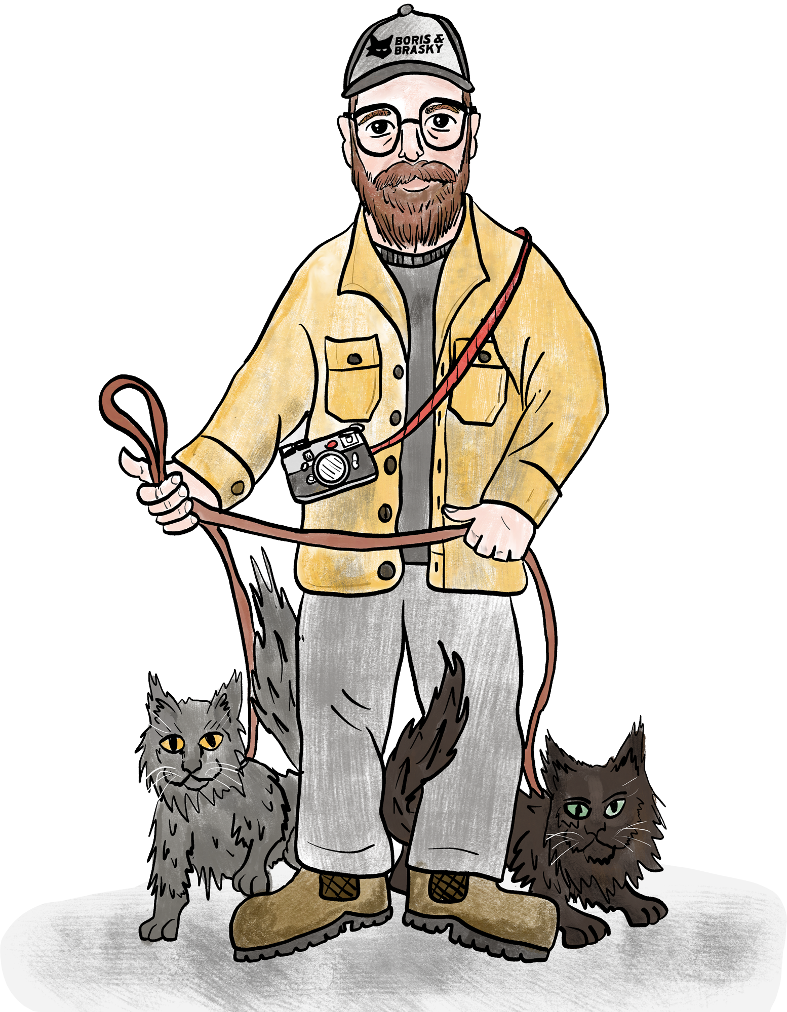 A cartoon man with glasses, a beard, and a cap labeled 'BORIS & BRASKY' stands on snow with two cats, holding a leash. Michael Kunde