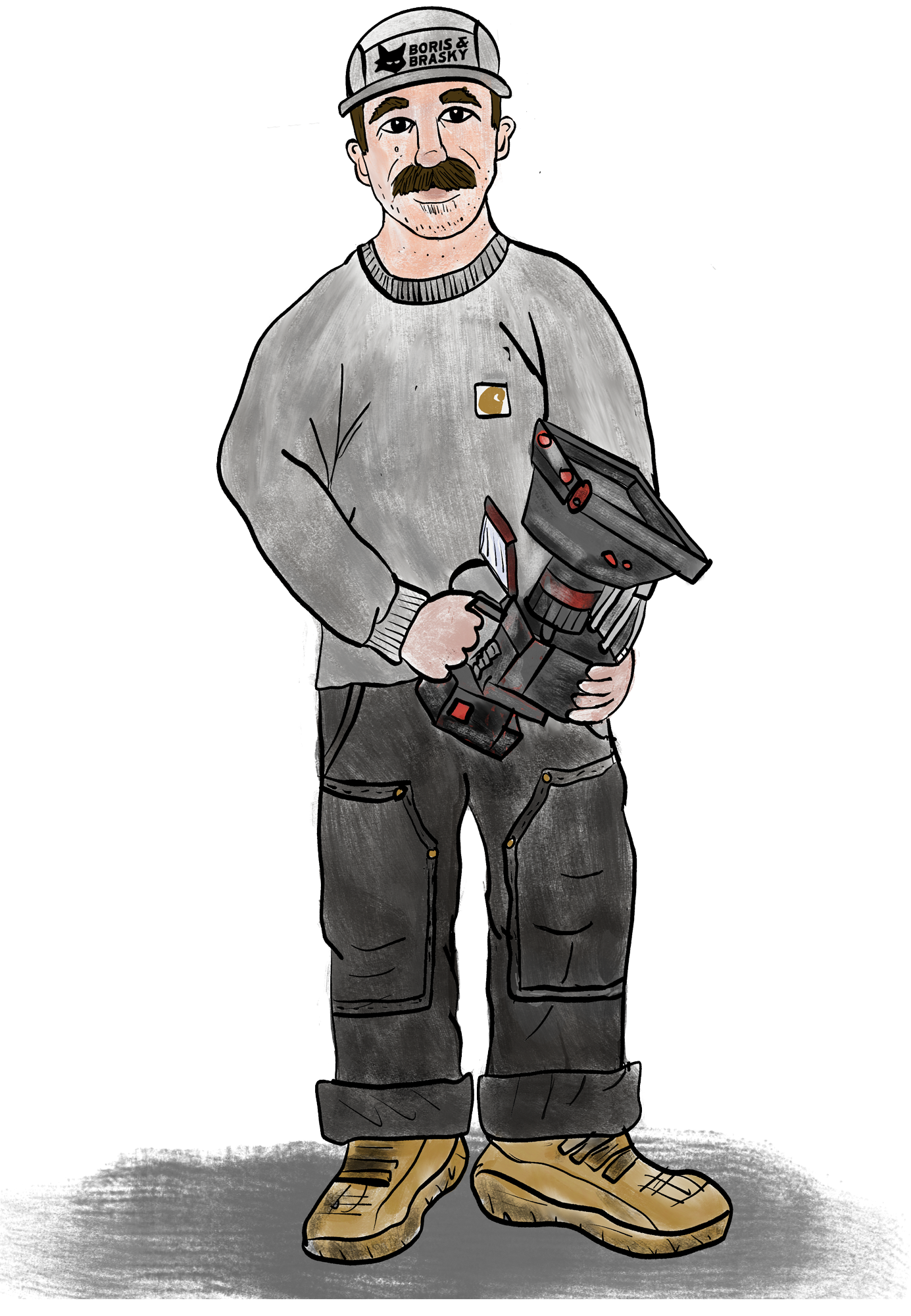 Illustration of a man with a mustache wearing a gray Carhartt sweatshirt, dark pants, tan work boots, and a baseball cap that says "BORIS & BRASKY." He is holding a power tool in his right hand and has a confident stance. Julian Focereta