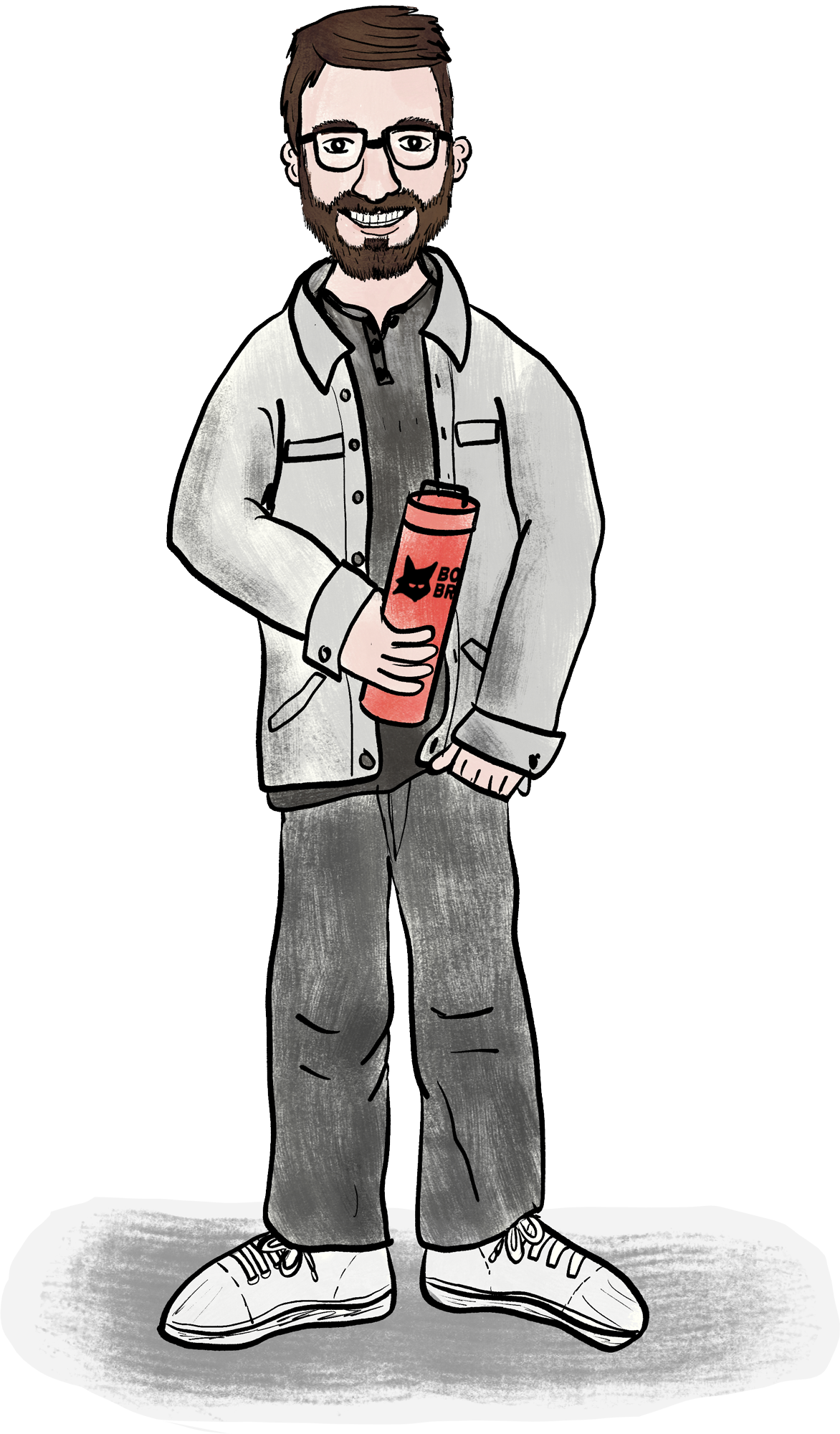 Cartoon of a young man with glasses and a beard, wearing a gray jacket, dark gray pants, and sneakers, holding a pink tumbler with a black cat logo.