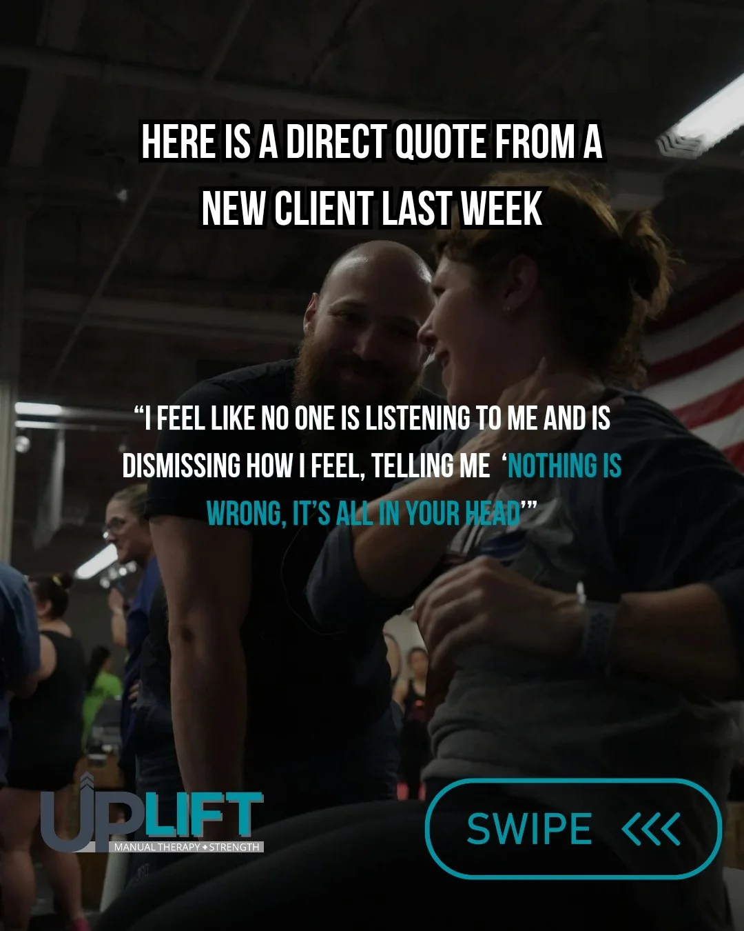 &ldquo;I feel like no one is listening to me and is dismissing how I feel and telling me that &ldquo;nothing is wrong and it&rsquo;s all in my head&rdquo;.

This is something a new client of mine told me at her Eval. She is in her 50&rsquo;s, is peri