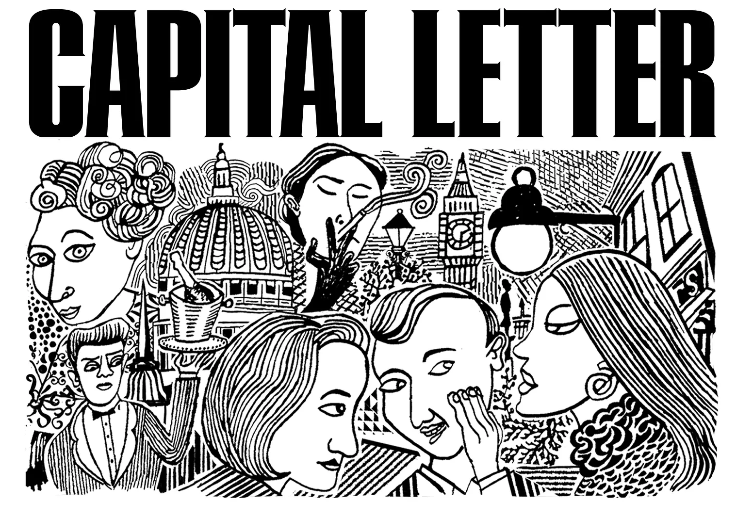 Black and white illustration with the words 'CAPITAL LETTER' at the top, featuring a collage of various people and iconic symbols of London, including Big Ben, a telephone booth, and a double-decker bus, with artistic and stylized line drawings of faces and city elements.