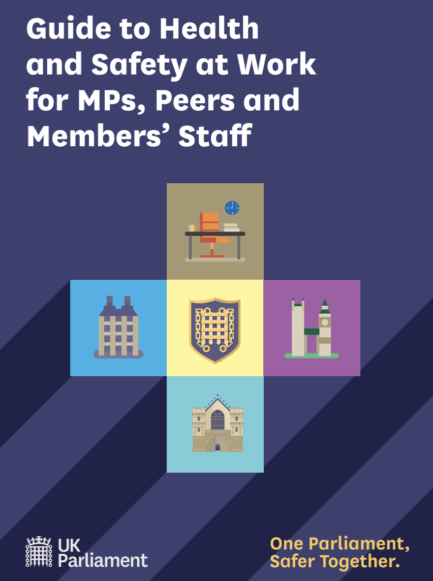 Cover page of a guide titled 'Guide to Health and Safety at Work for MPs, Peers and Members' Staff' with illustrations of an office desk, Parliament buildings, a shield emblem, Big Ben, and the UK Parliament logo. The background is dark blue with diagonal stripes.