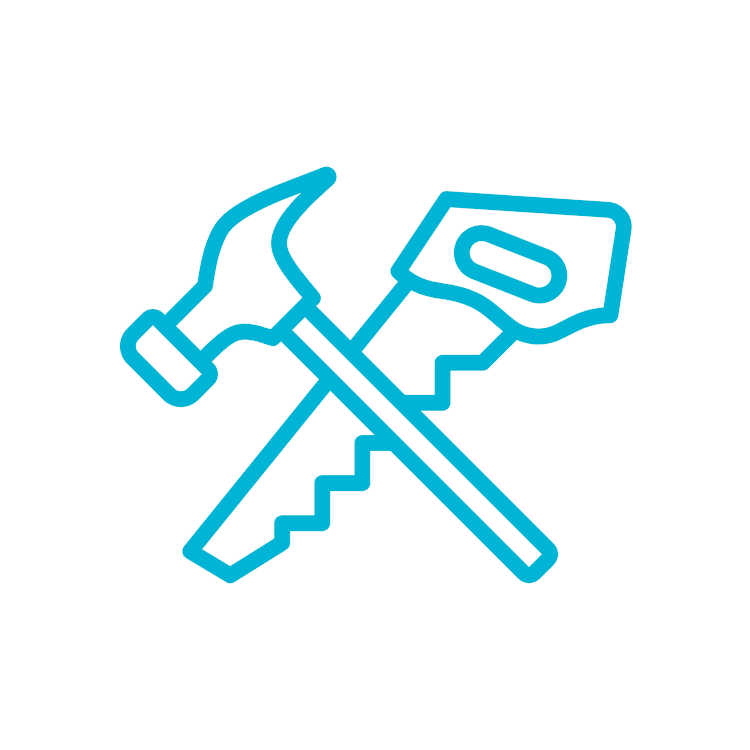 Outline drawing of a hammer and a handsaw crossed over each other.