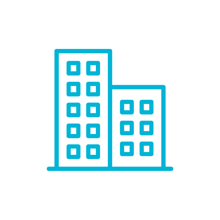 Outline illustration of two blue buildings of different heights with multiple windows.