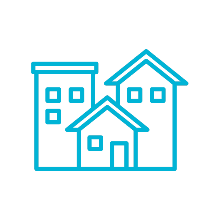 Line drawing of three buildings of different sizes and shapes, including a small house, a mid-sized house, and a taller building, in blue.