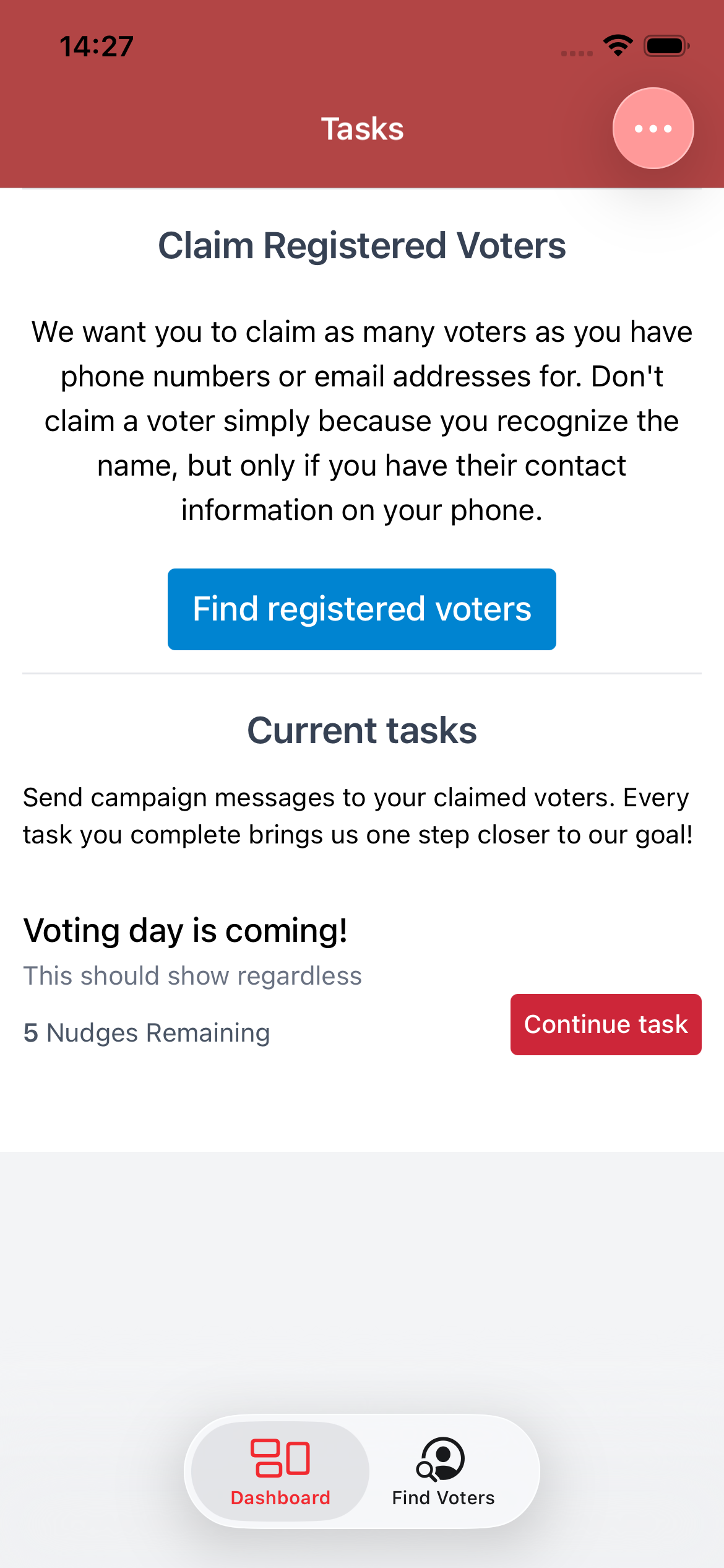 Mobile app screen showing a task management interface for claiming registered voters, with a blue button labeled 'Find registered voters', a section called 'Current tasks', and a red button labeled 'Continue task'.