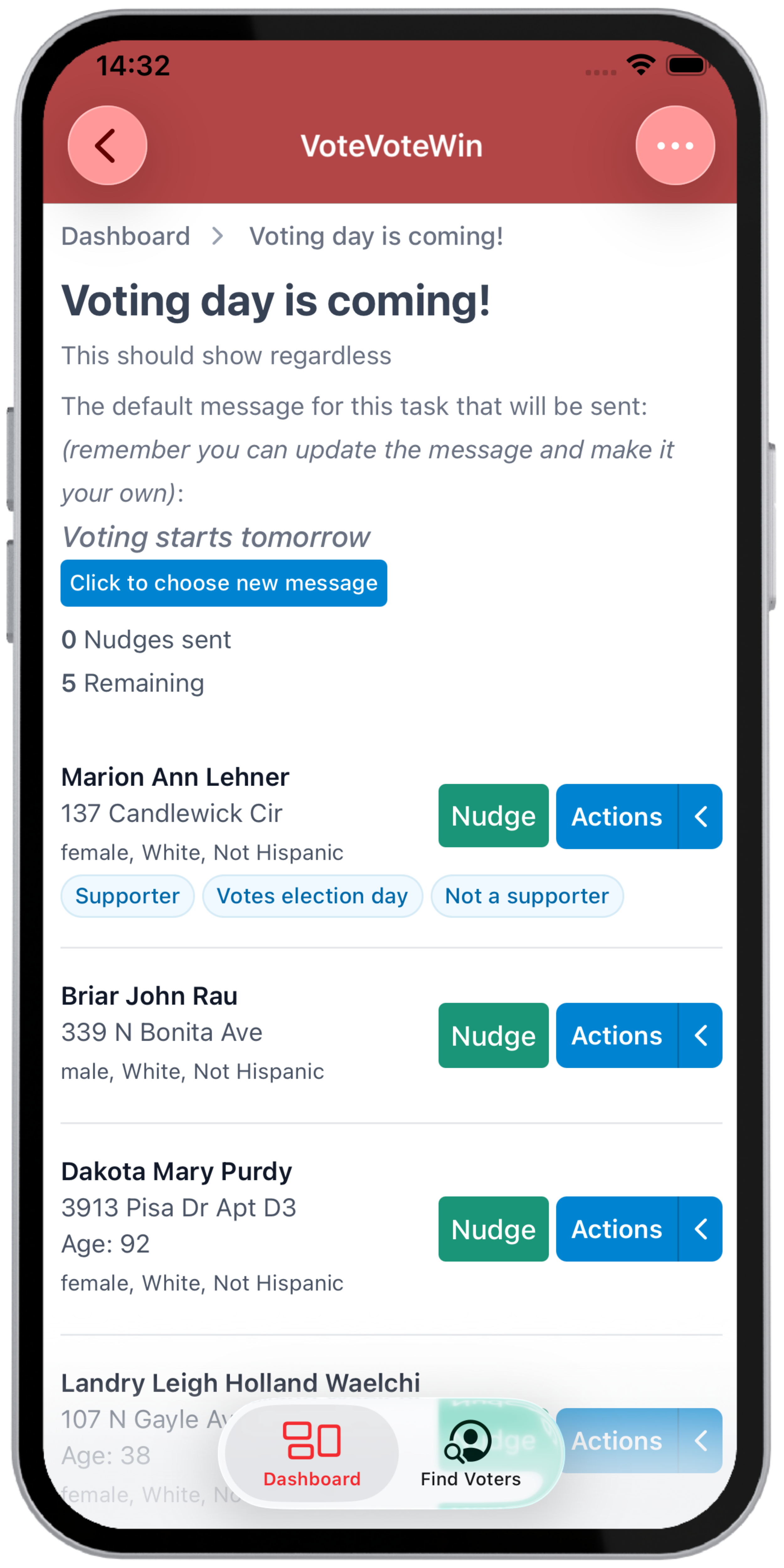 A mobile app screen for voting, displaying voter names, addresses, demographics, and options to nudge or take actions, with navigation buttons at the bottom labeled 'Dashboard' and 'Find Voters'.