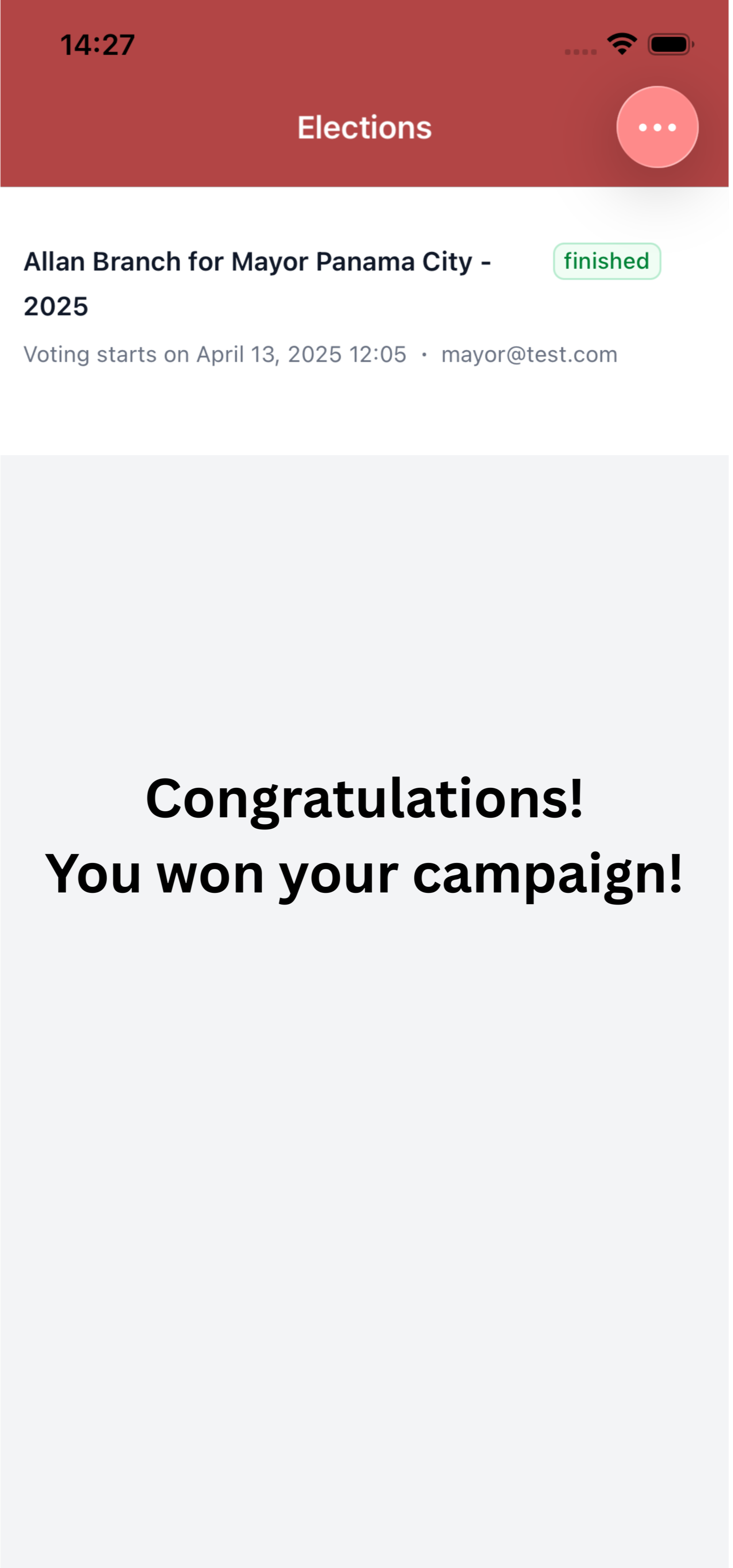 Screen showing a voting campaign for the mayor of Panama City, with a message that the campaign has been won and is finished.