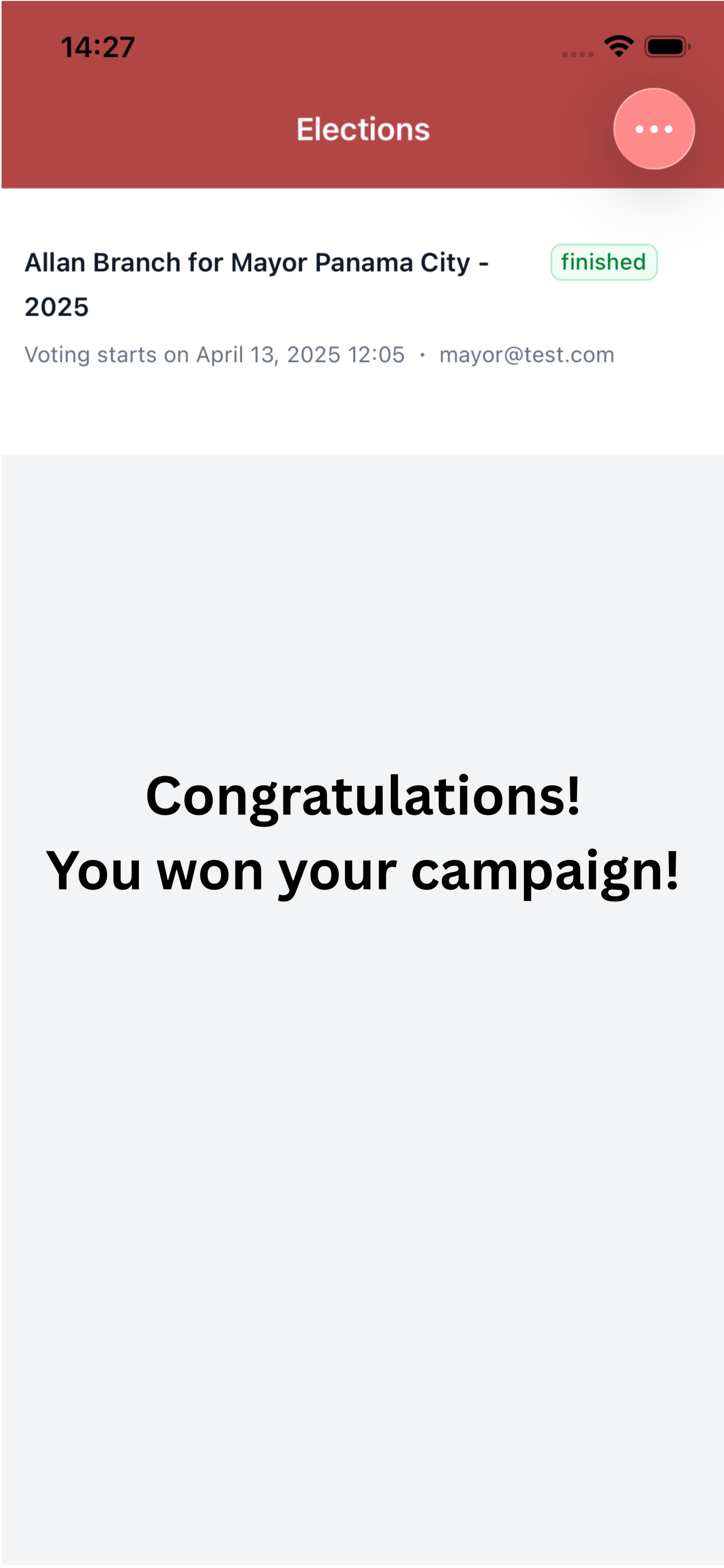 Screen displaying a mobile app with a red header labeled 'Elections', showing a completed campaign for 'Allan Branch for Mayor Panama City - 2025', with a message 'Congratulations! You won your campaign!' in bold text.