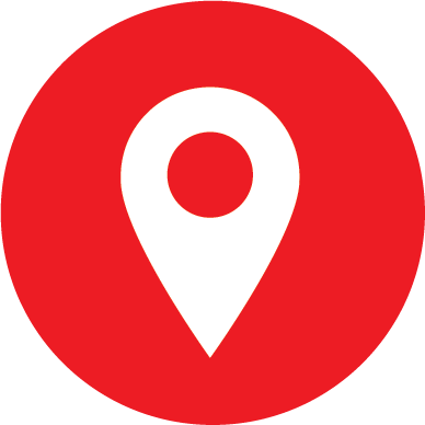 Red map pin icon on a red circular background.