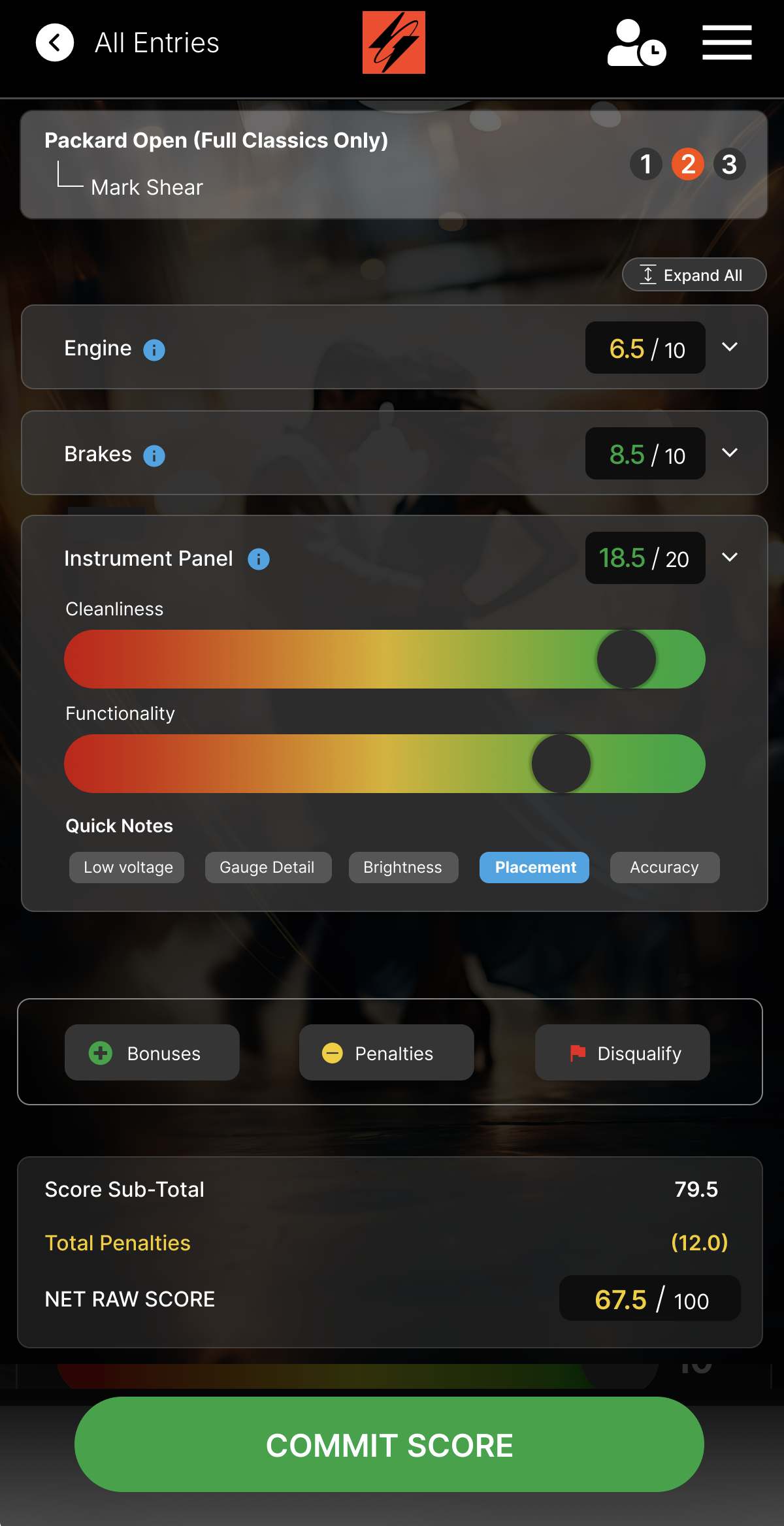 Mobile app screenshot showing vehicle inspection scores with green and yellow gauges for exterior, interior, engine bay, chassis, and trim, all rated at 10.