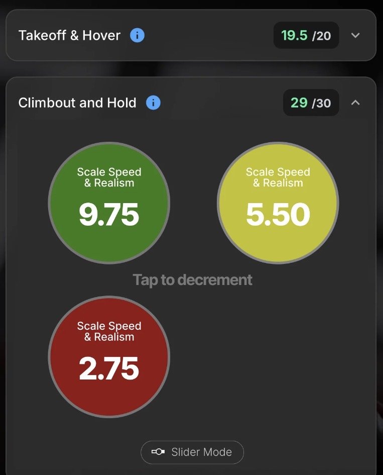 Mobile sports scenario app screen showing scores and statistics for a helicopter landing challenge, with pilot Jim Contestant's round 2 scores in categories for speed, accuracy, realism, and difficulty.