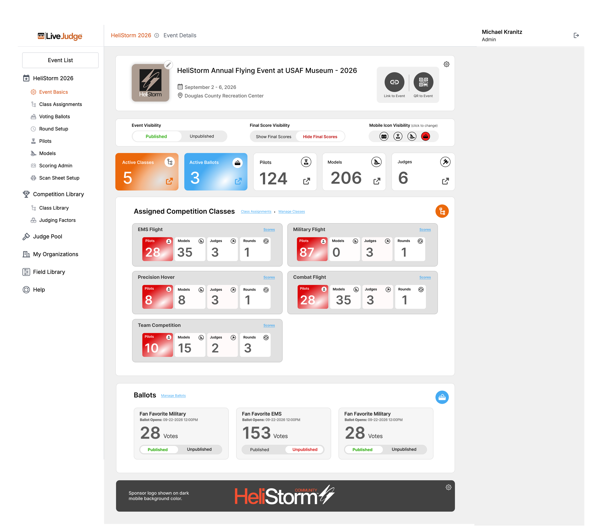 The LiveJudge event dashboard gives you an instant look at your event.